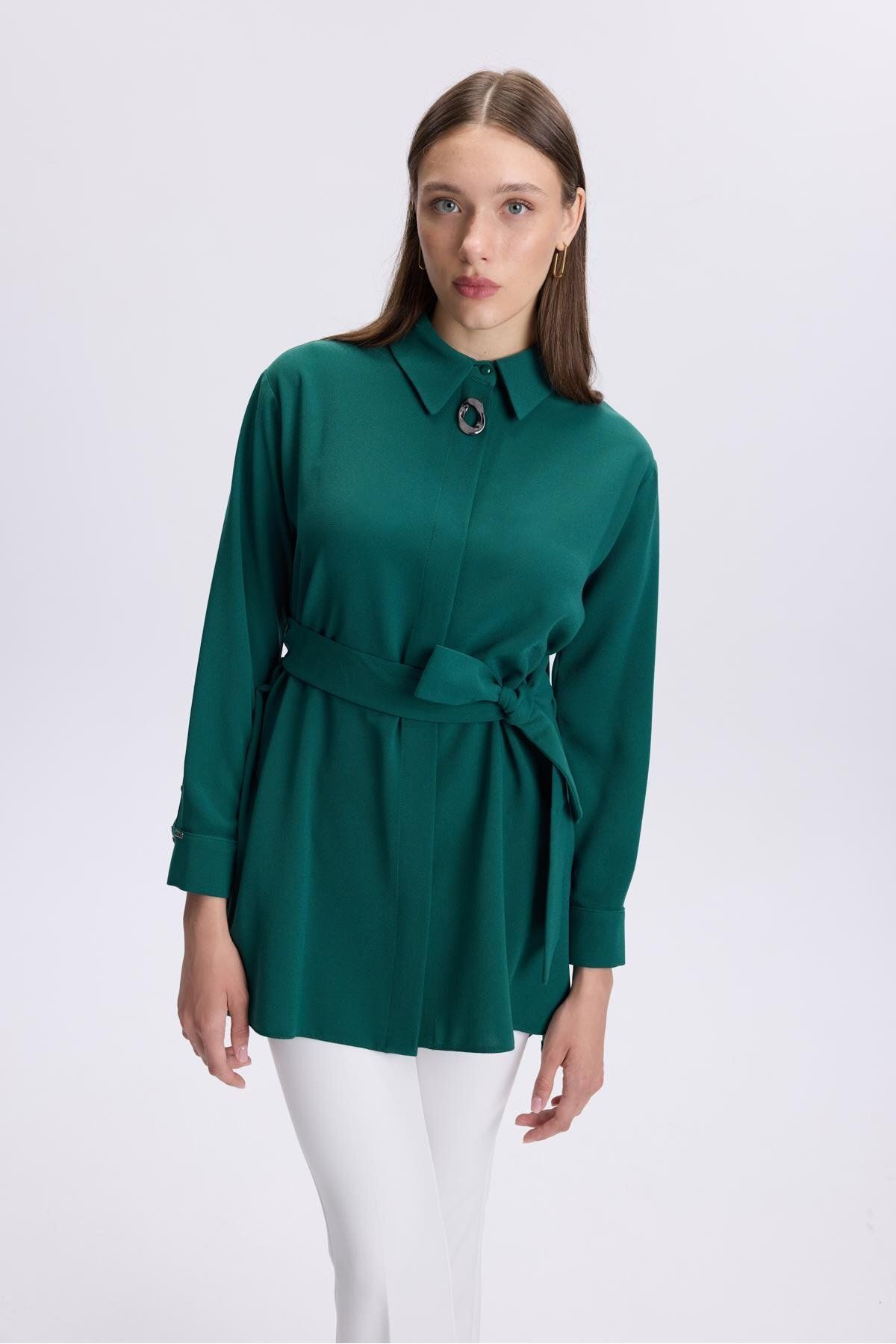 Zühre-Emerald Tunic - with Brooch Detail and Waist Tie T-1497 1