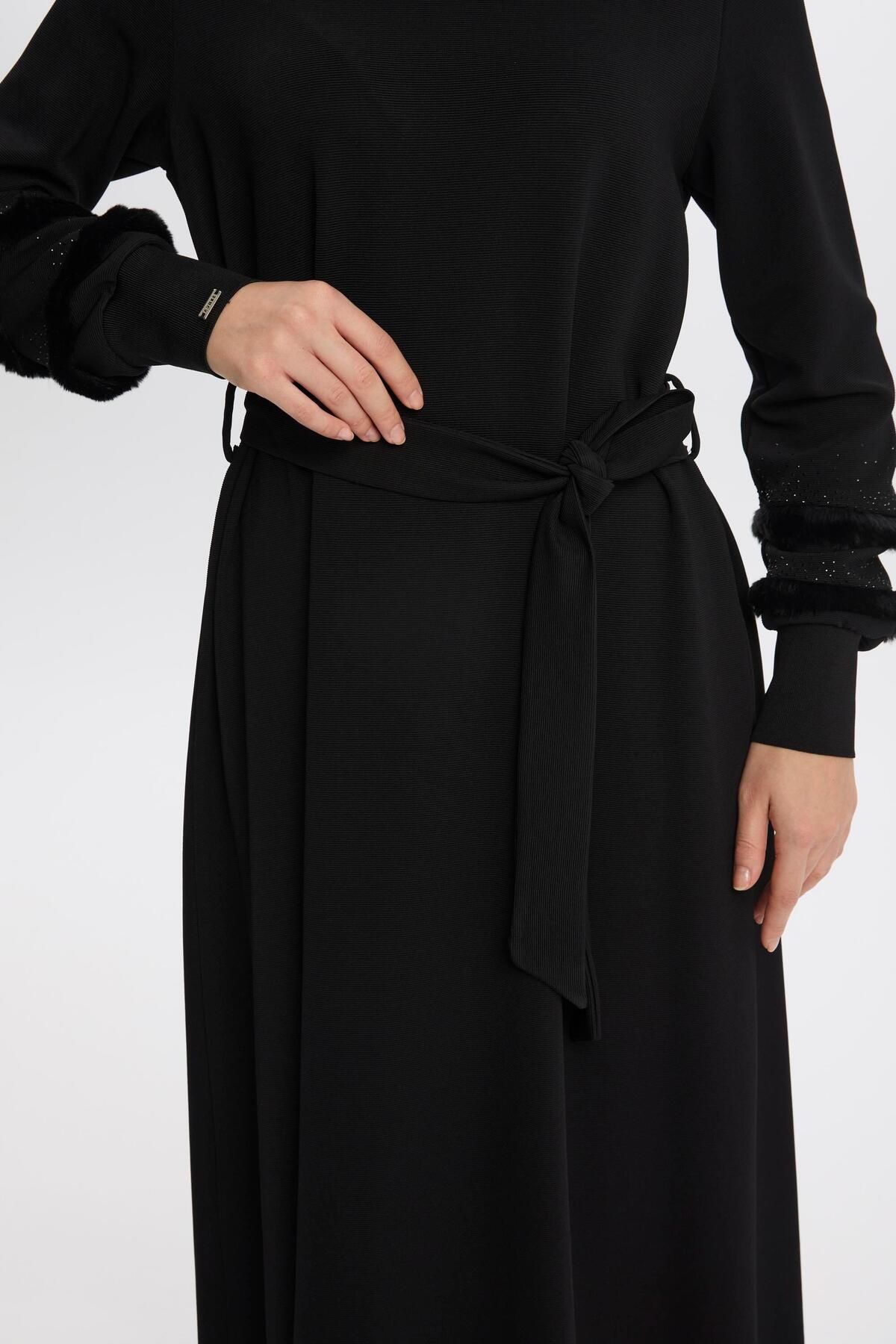 Zühre-Waist Tied Sleeves Furry Black Dress E-0440 2