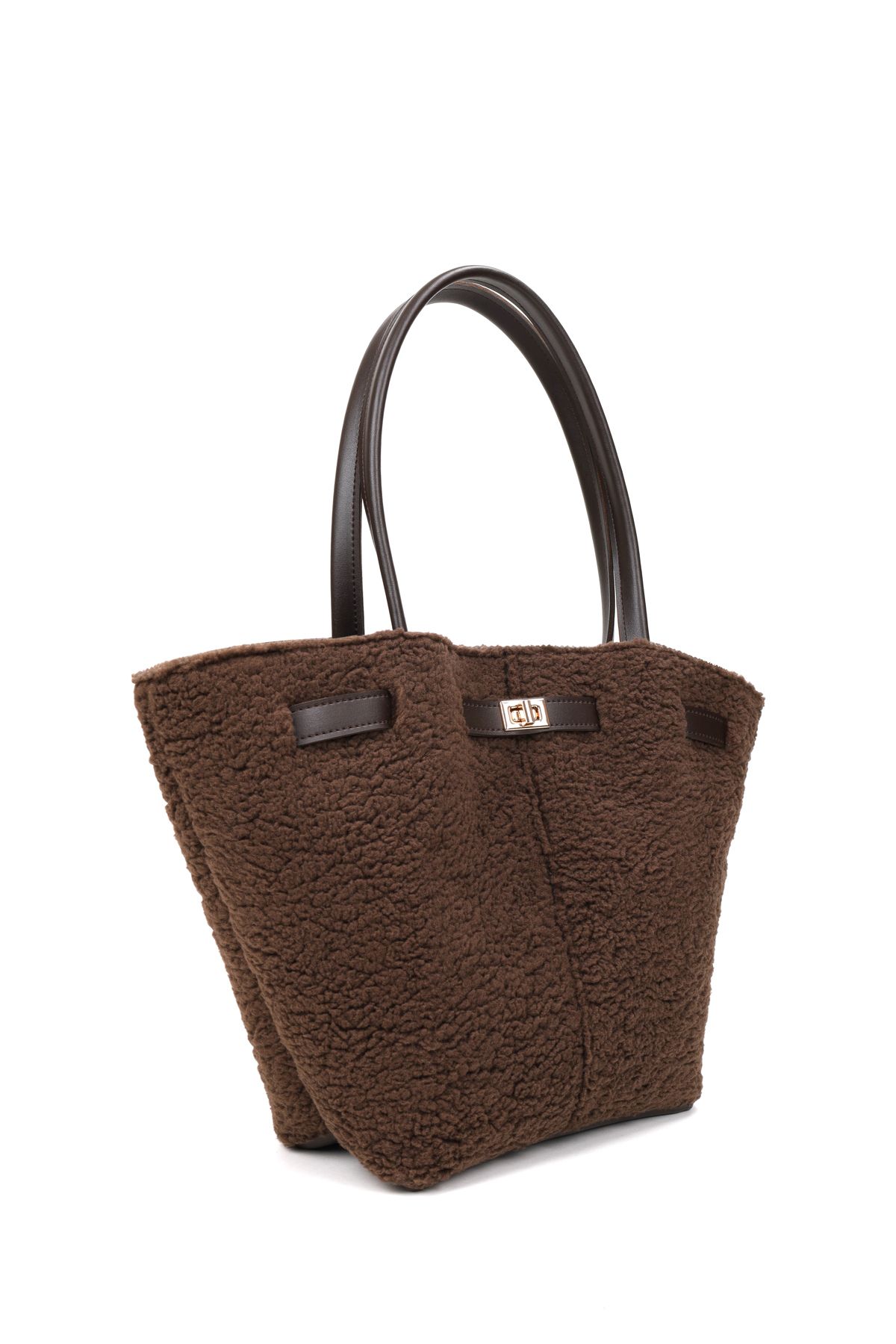 NOTHING-Women's Bitter Brown Plush Magnet Closure Lock Detailed Hand and Shoulder Bag 2