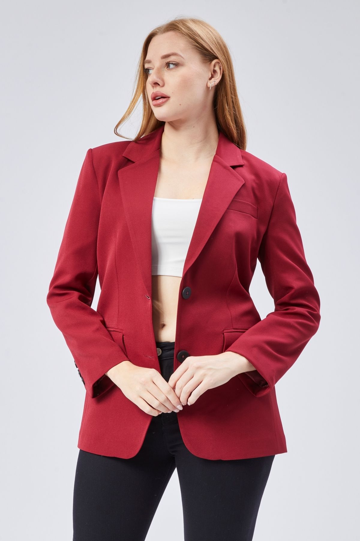 Bolivente-Burgundy Women's Buttoned Oversize Blazer Jacket 7