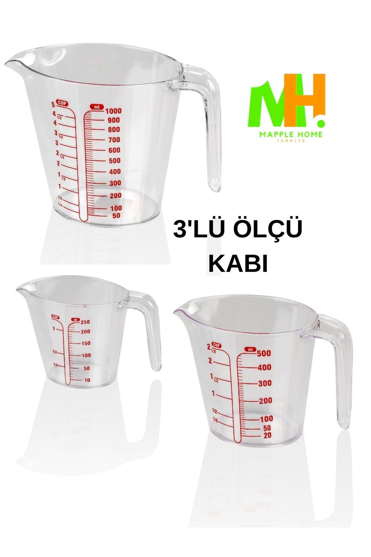 Lot De 3 Verres Doseurs Plastique Sans BPA - 1000 Ml, 500 Ml, 250 Ml Avec Anse Et Bec Verseur