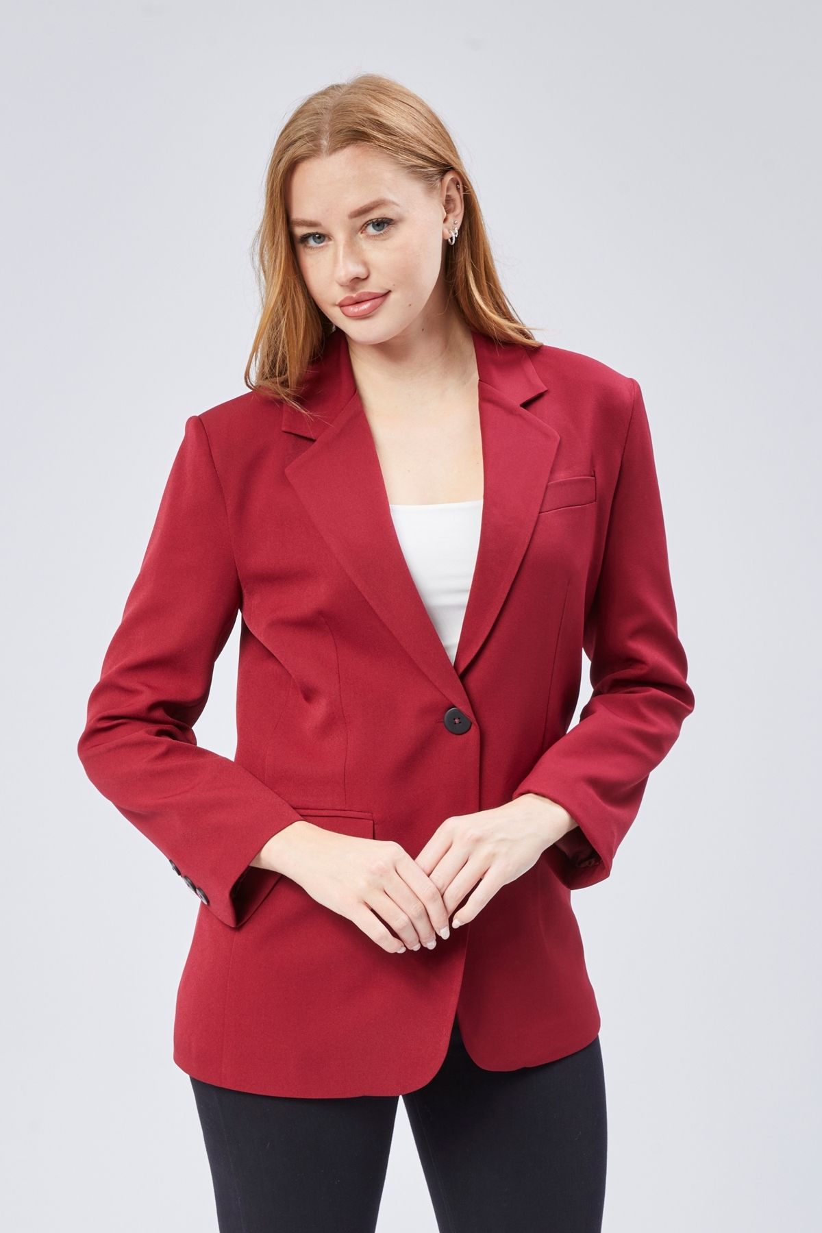 Bolivente-Burgundy Women's Buttoned Oversize Blazer Jacket 5