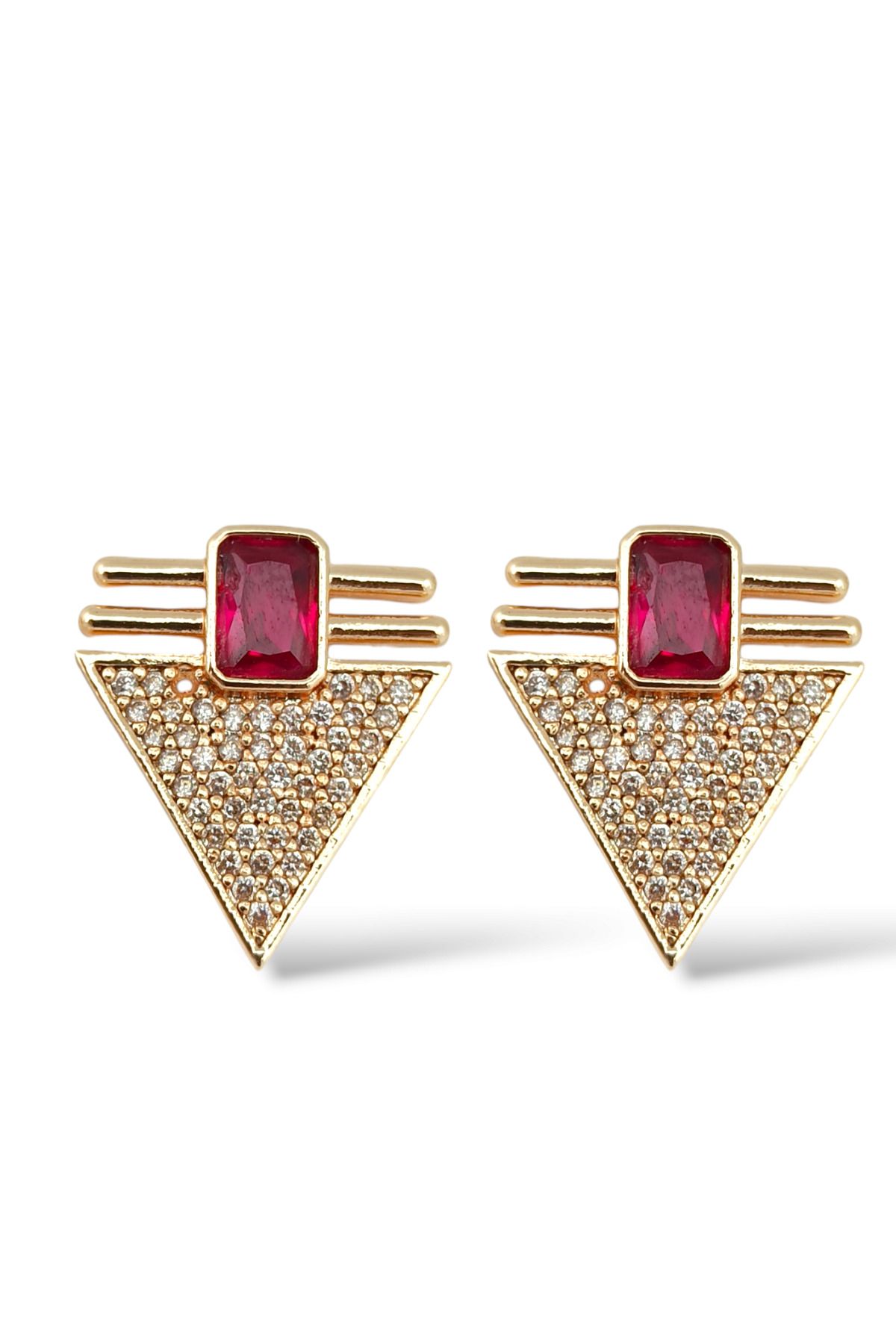 Çlk Accessories-Premium Emerald Stone Detailed Triangle Earrings 3