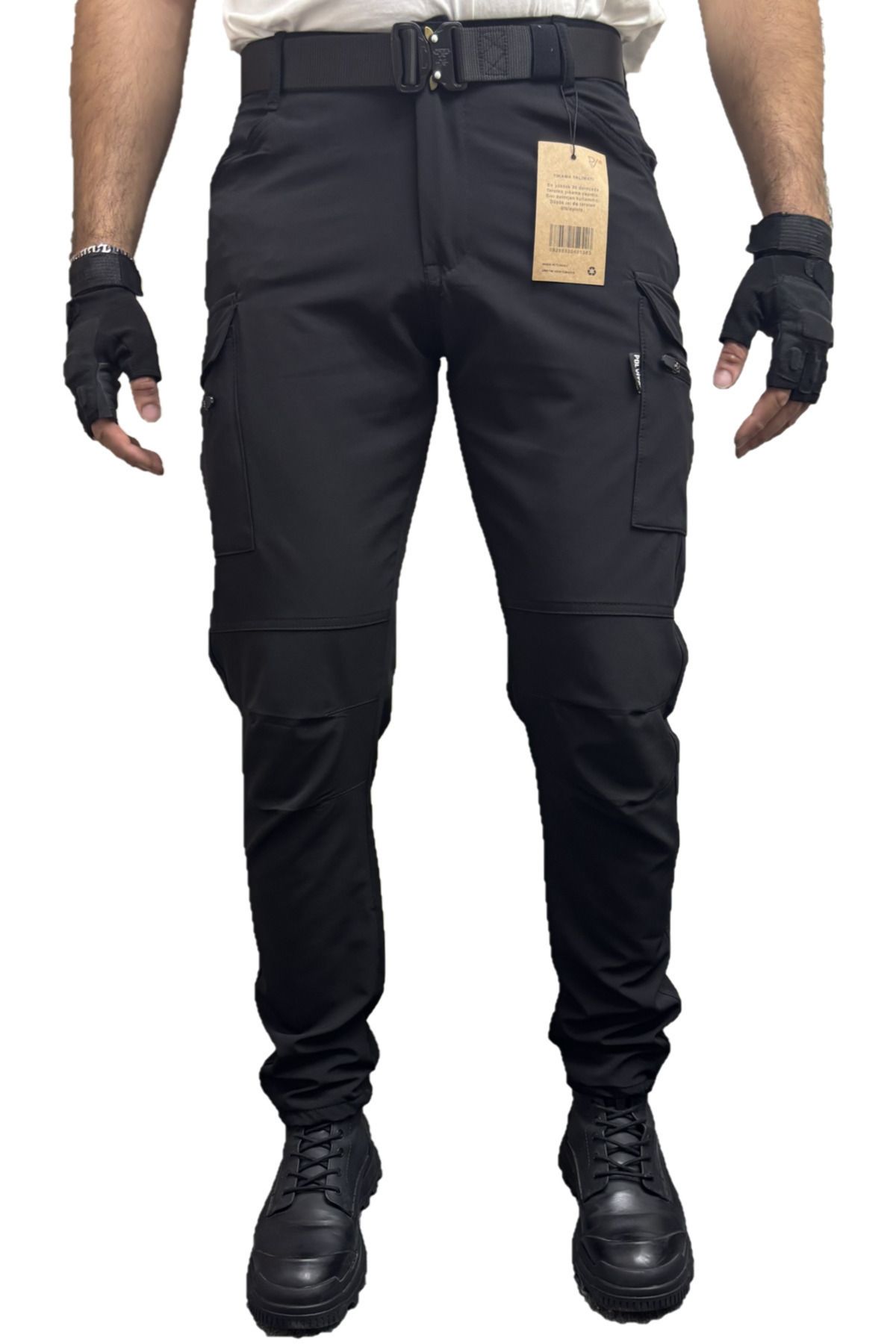 Polviton-Pantaloni cargo tactici Softshell Combat pentru bărbați - buzunare, negru slim fit 7