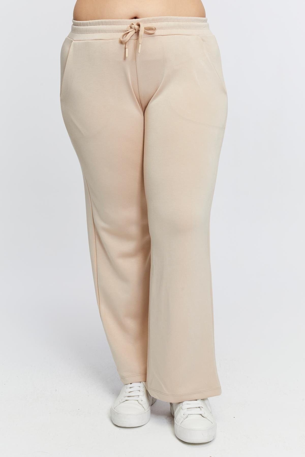 RMG-Cream Colored Plus Size Sweatpants - Waist Lace Detailed 1