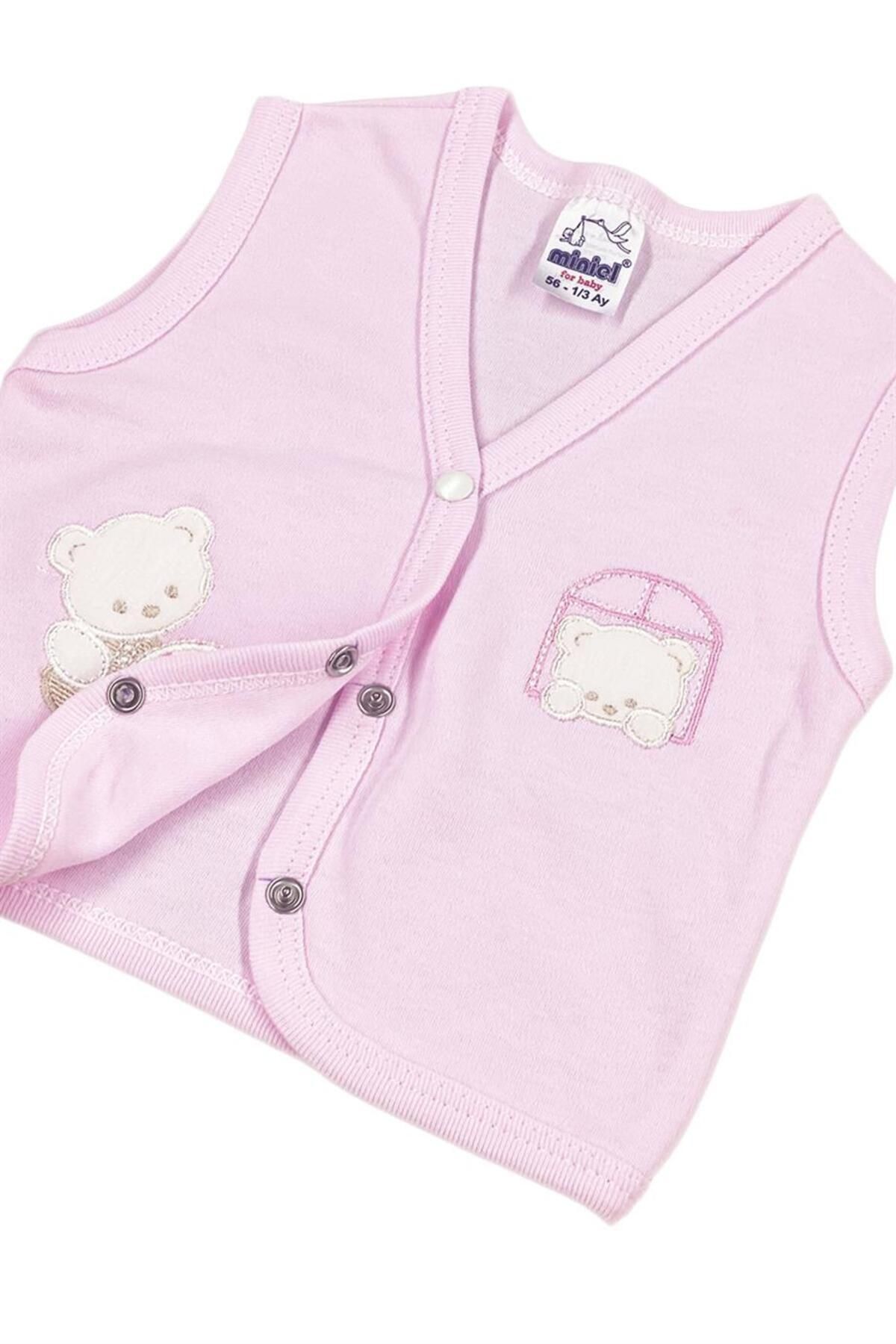 Miniel-Baby Girl Teddy Bear Embroidered Organic Cotton 3-6-9 Months Combed Cotton Baby Vest - Pink 2