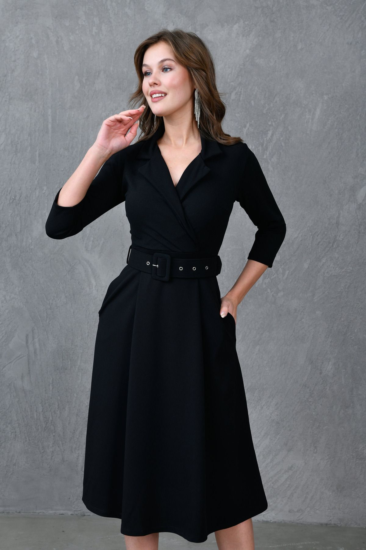 WOMAN VISION-Black Midi Dress for Women - Double Breasted Neckline with 3/4 Sleeves and Belt Detail 020 7