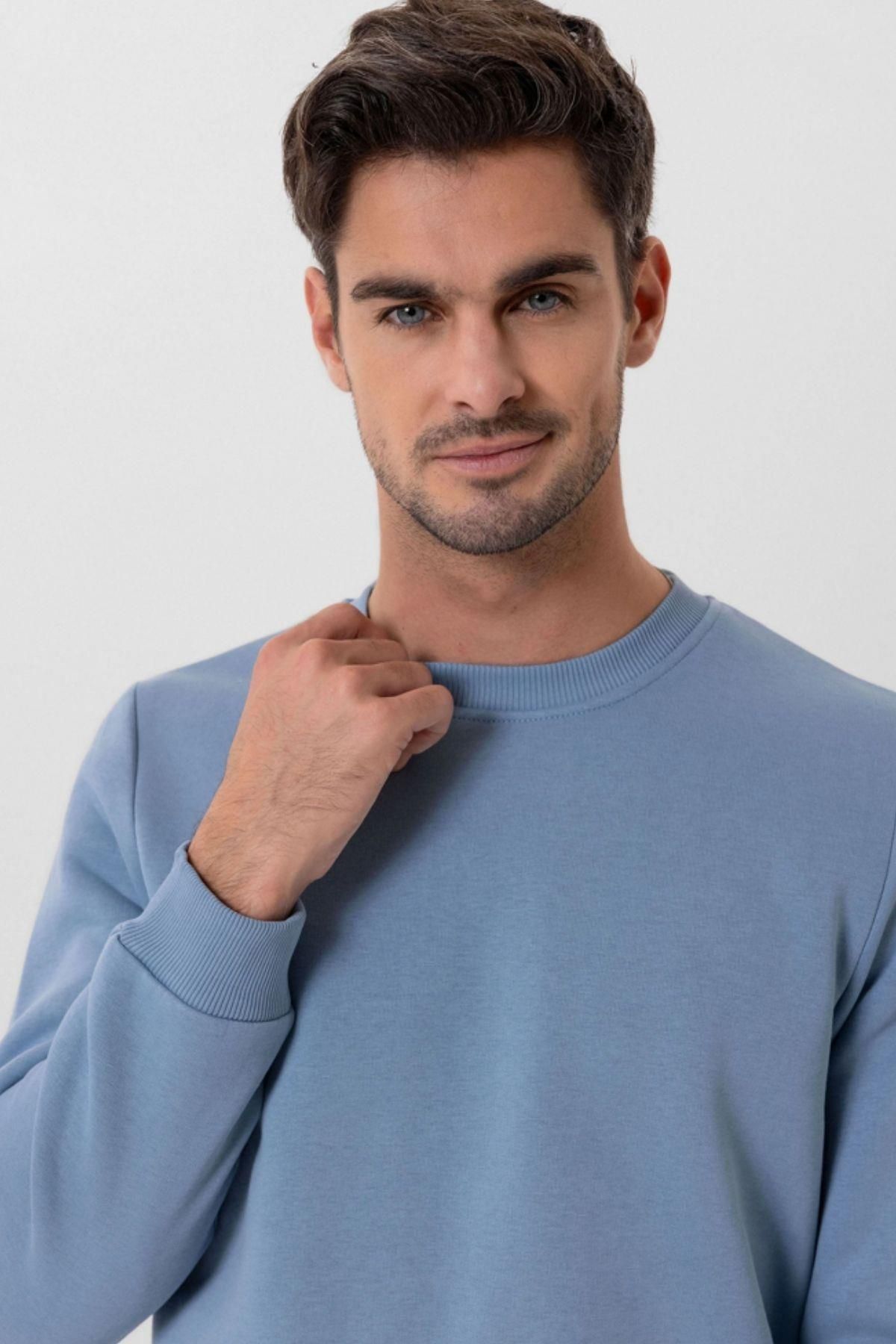 سویشرت ورزشی مردانه قطب ضخیم آبی روشن با یقه قطبی قالب معمولی WINTER TRACE SHIRT T0137 Escetic