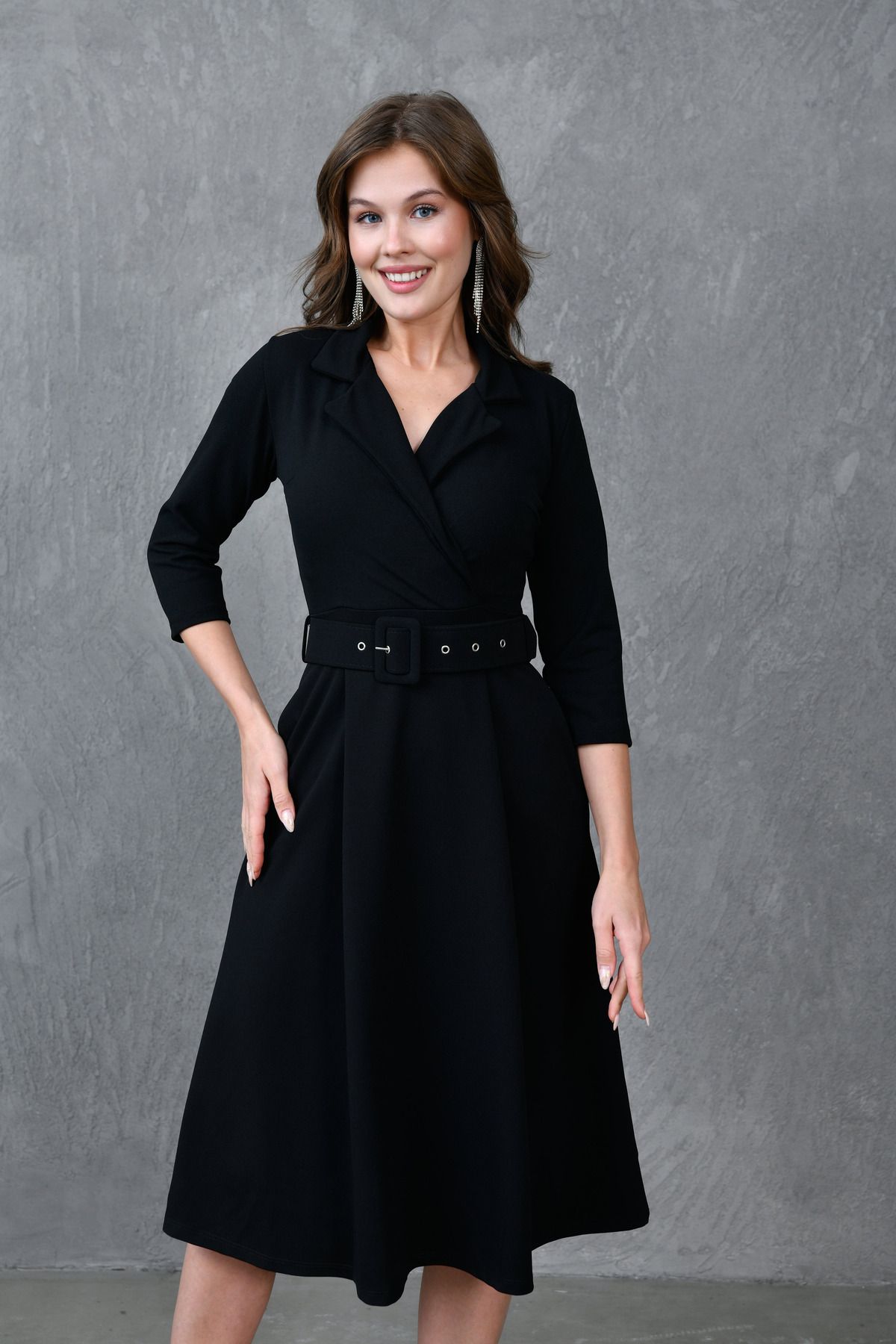 WOMAN VISION-Black Midi Dress for Women - Double Breasted Neckline with 3/4 Sleeves and Belt Detail 020 5