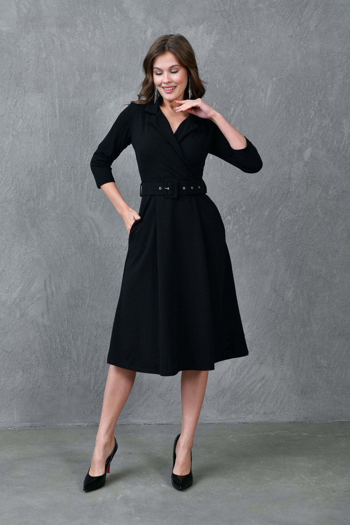 WOMAN VISION-Black Midi Dress for Women - Double Breasted Neckline with 3/4 Sleeves and Belt Detail 020 6