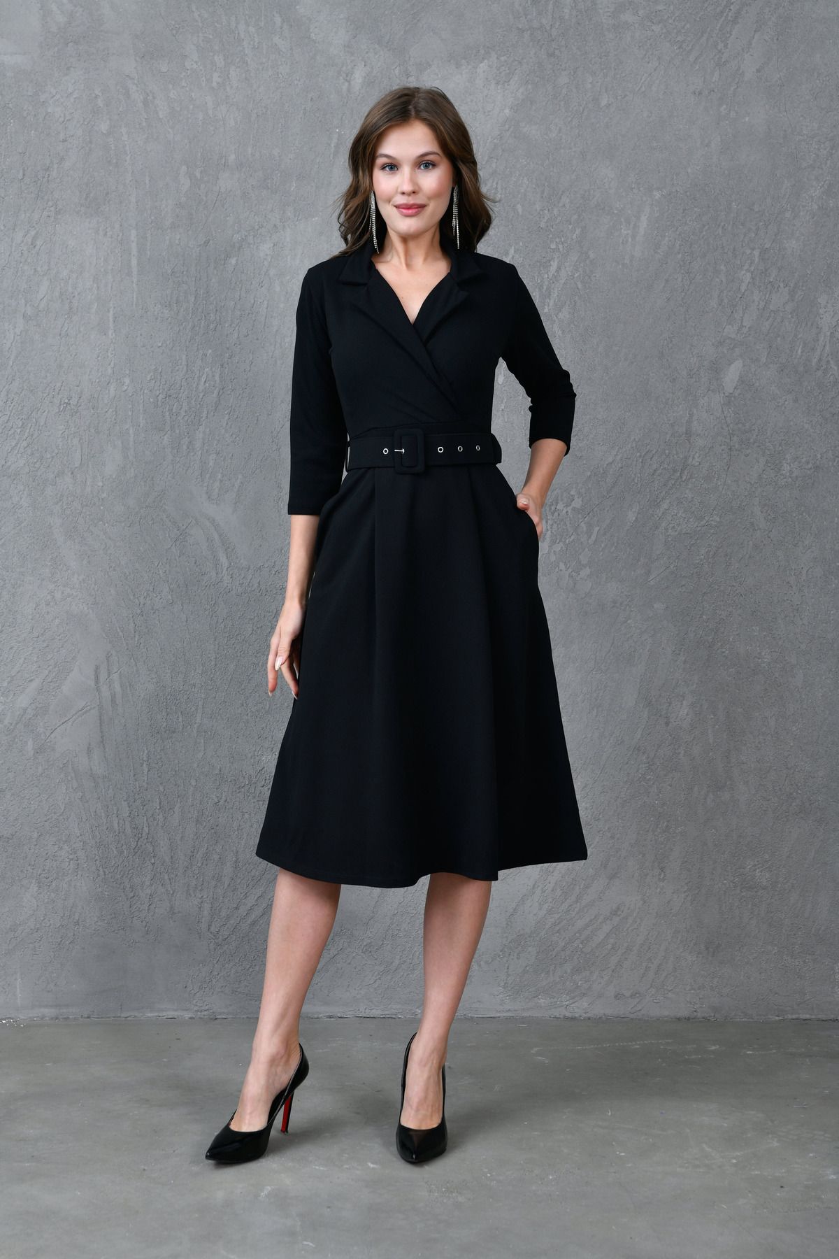 WOMAN VISION-Black Midi Dress for Women - Double Breasted Neckline with 3/4 Sleeves and Belt Detail 020 8