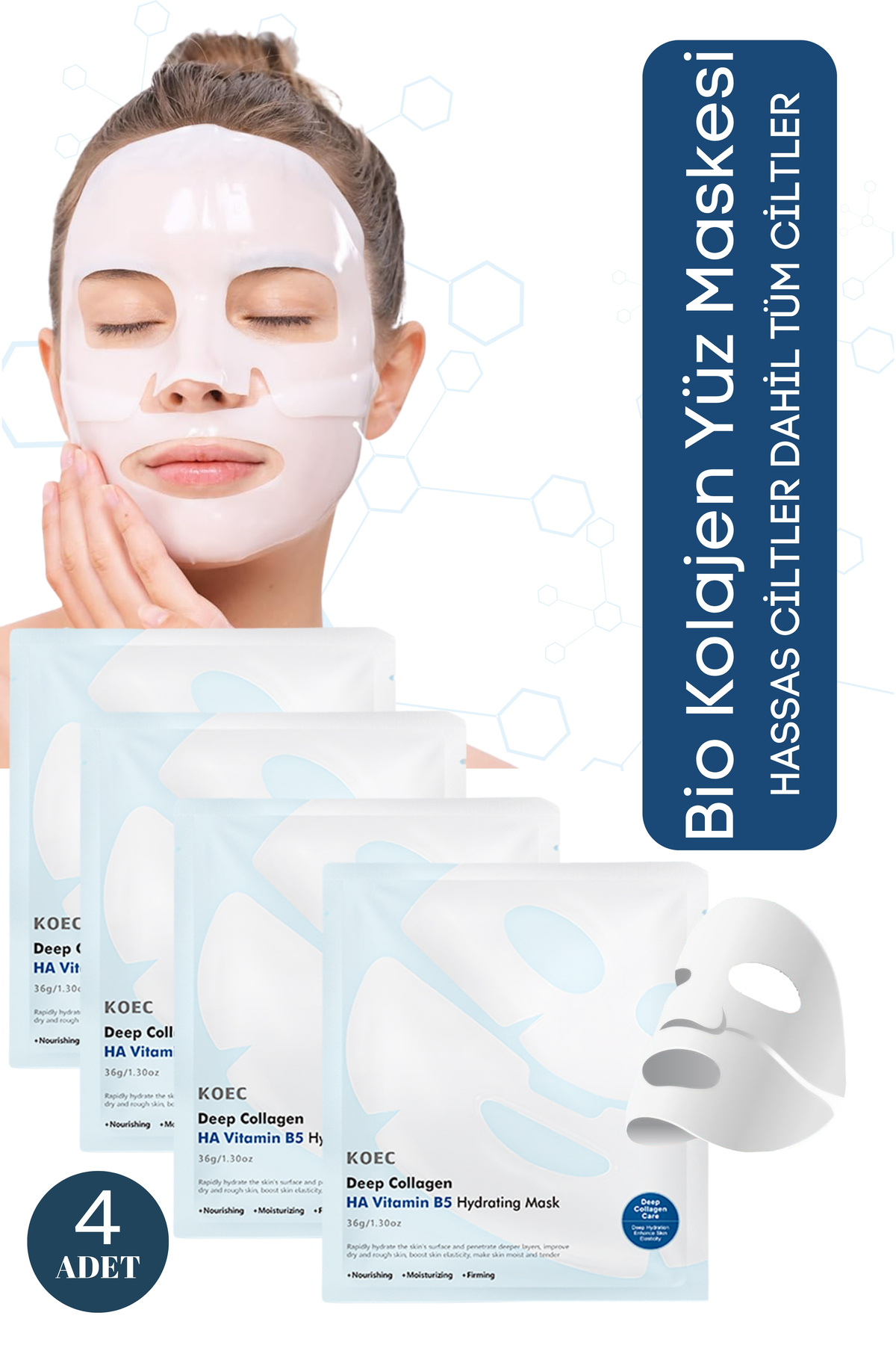 KOEC Bio Kolajen Şeffaflaşan Doğal Cilt Maskesi Anında Parlaklık Nemlendirme Kore Maske HA Vitamin B5 4ad