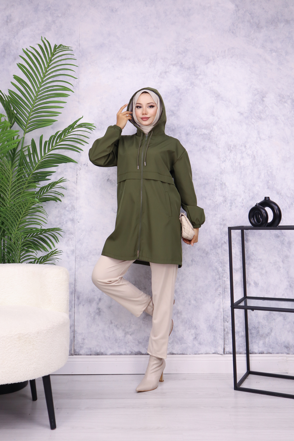 Atelier Lina  Kapüşonlu Fermuarlı Yağmurluk Trençkot - Görsel 7