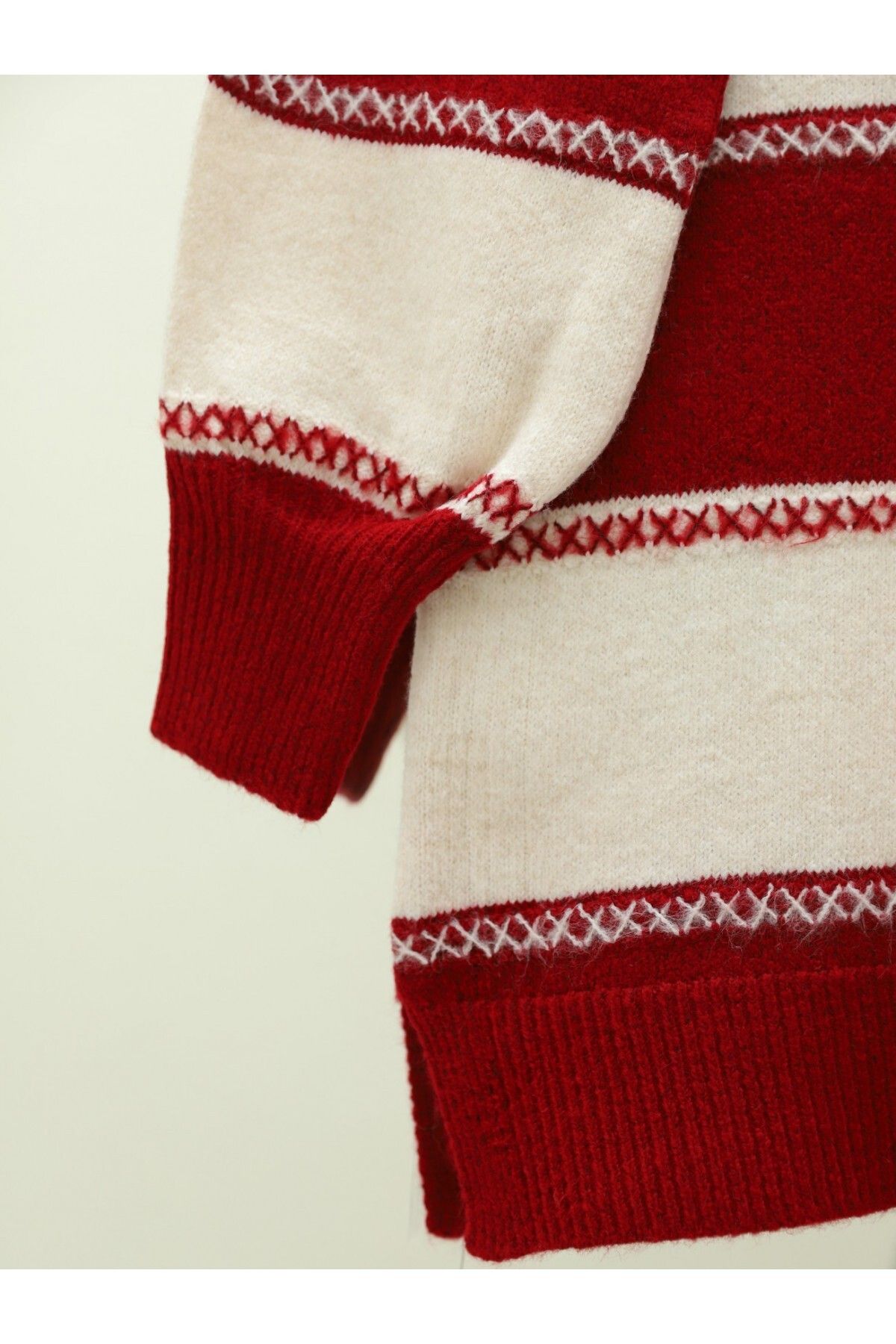 Modamorfo-Cross Stripe Patterned Knitwear Tunic -Red 3