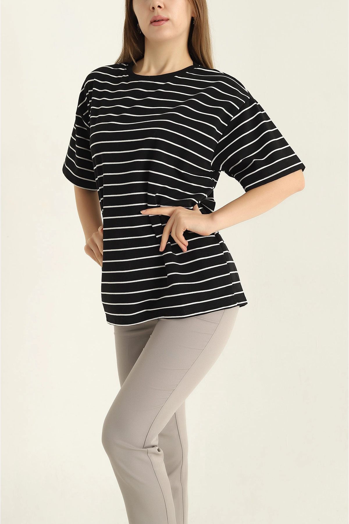 vuvutasarım-New Season Black Striped Two String T-Shirt 1