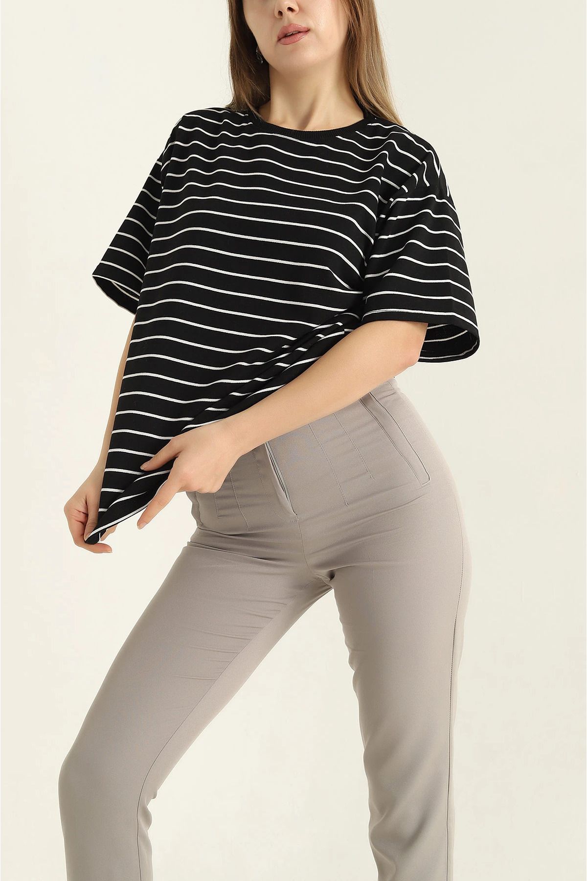 vuvutasarım-New Season Black Striped Two String T-Shirt 4