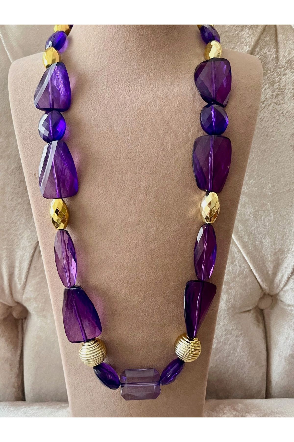 COCOSH TAKI-Purple Color Gold Detailed Long Special Design Necklace 2