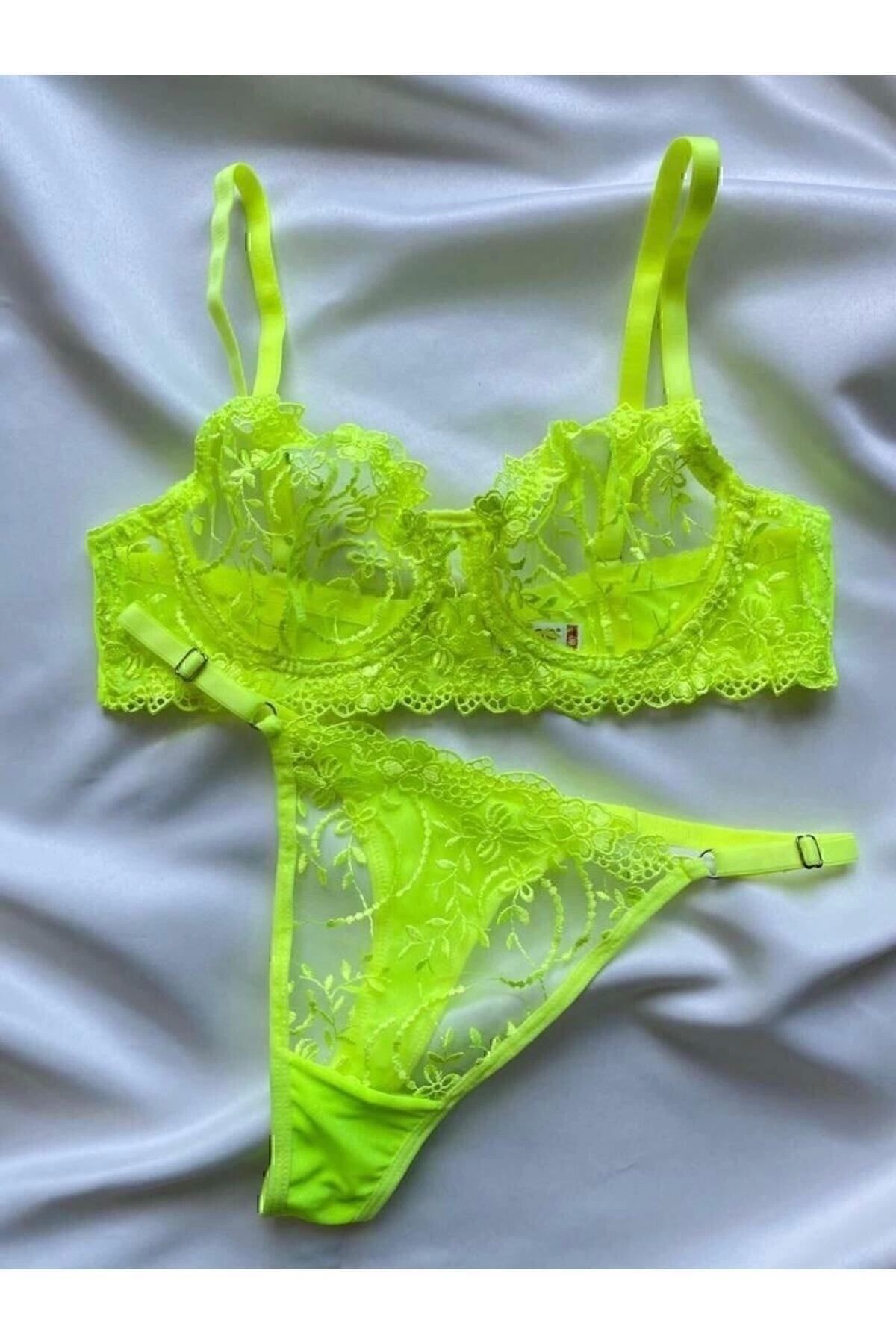 ARONA Neon Sarı Yeşil Balenli Tül Brode Sütyen Bralet Tanga Iç Çamaşırı Takım - Lingerie Haven