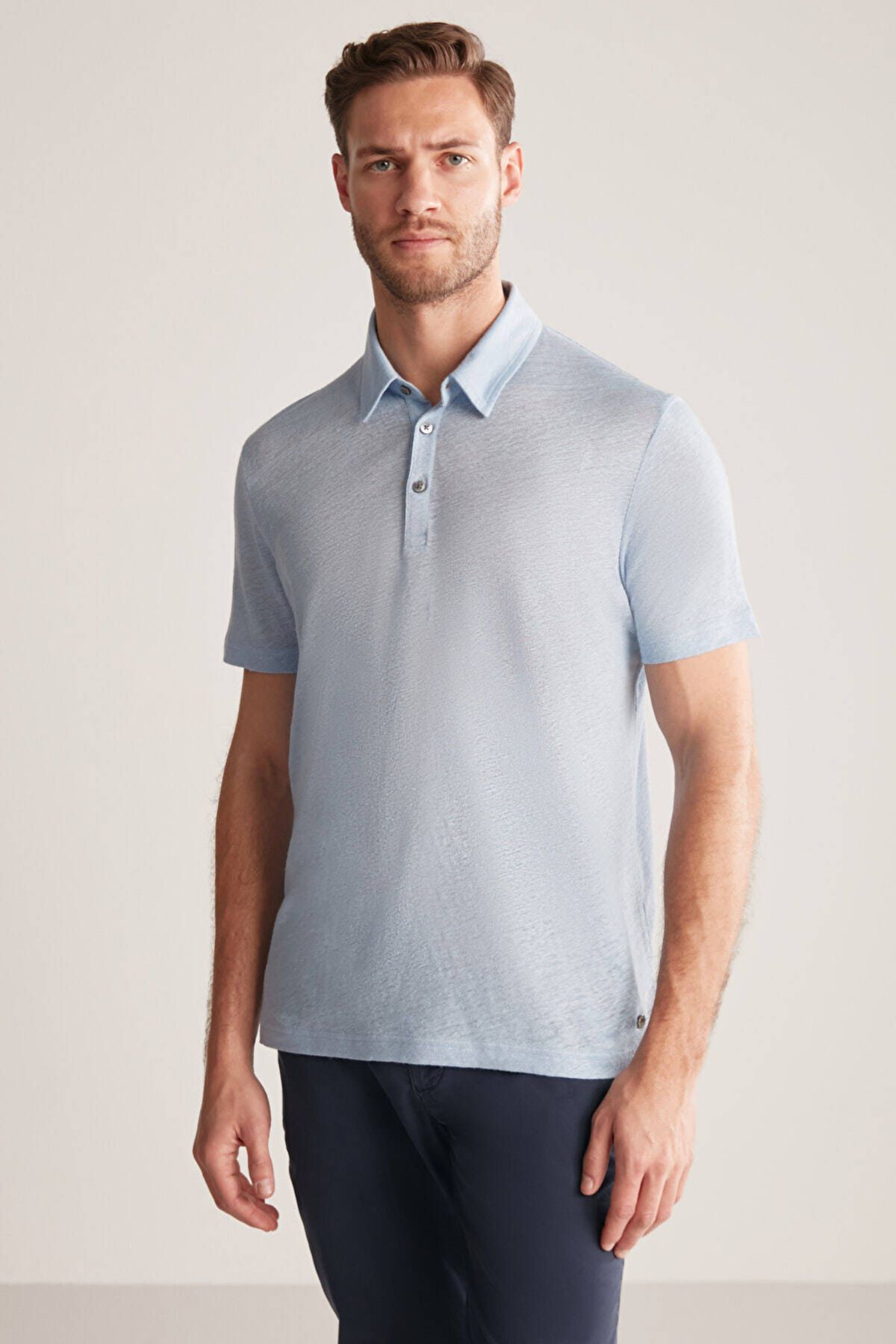 Hemington-Pure Linen Sky Blue Polo Neck T-Shirt Size: S 4