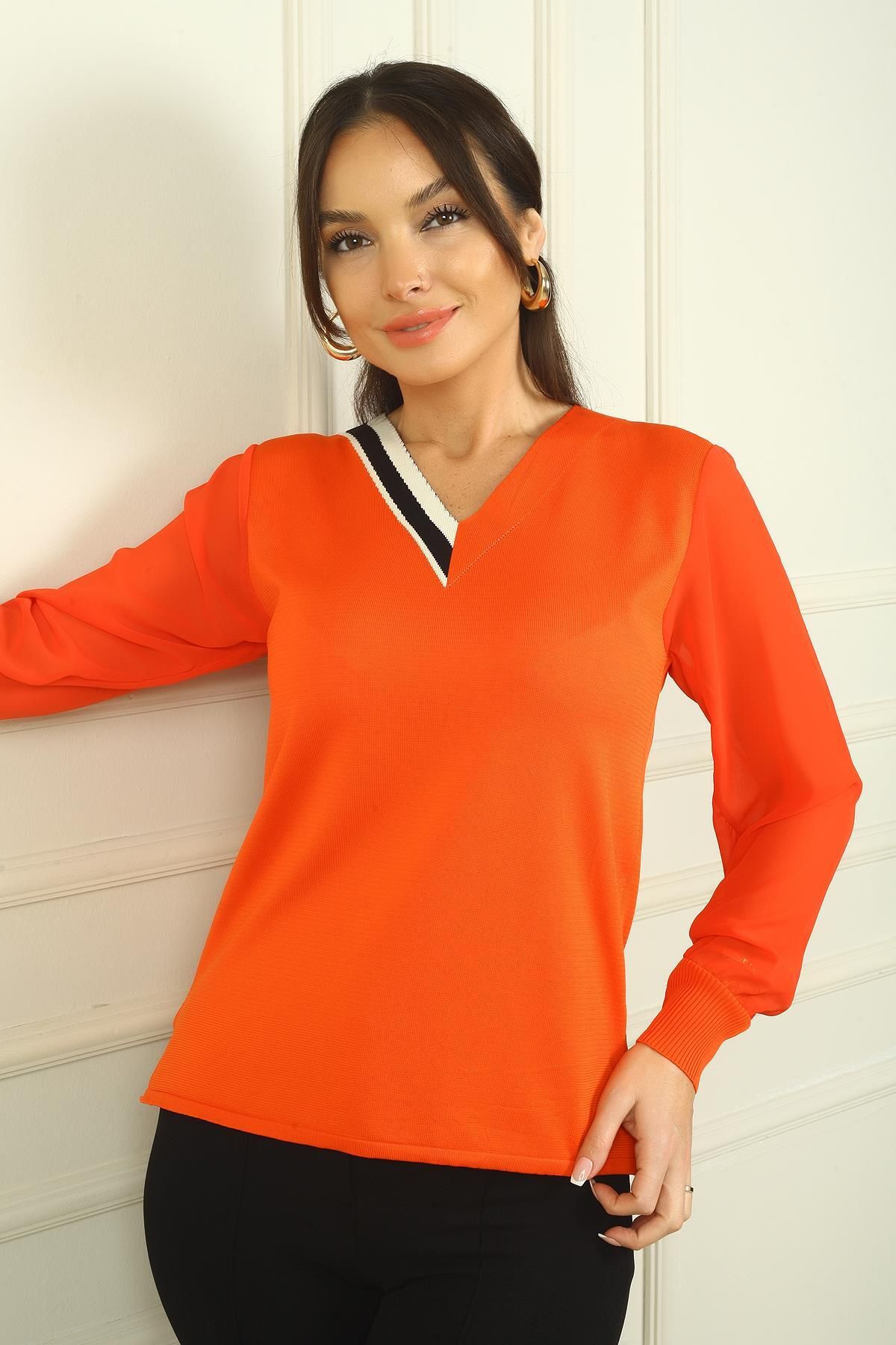 By Saygı-Women's V-Neck Half Stripe Sleeves Chiffon Sweater 2