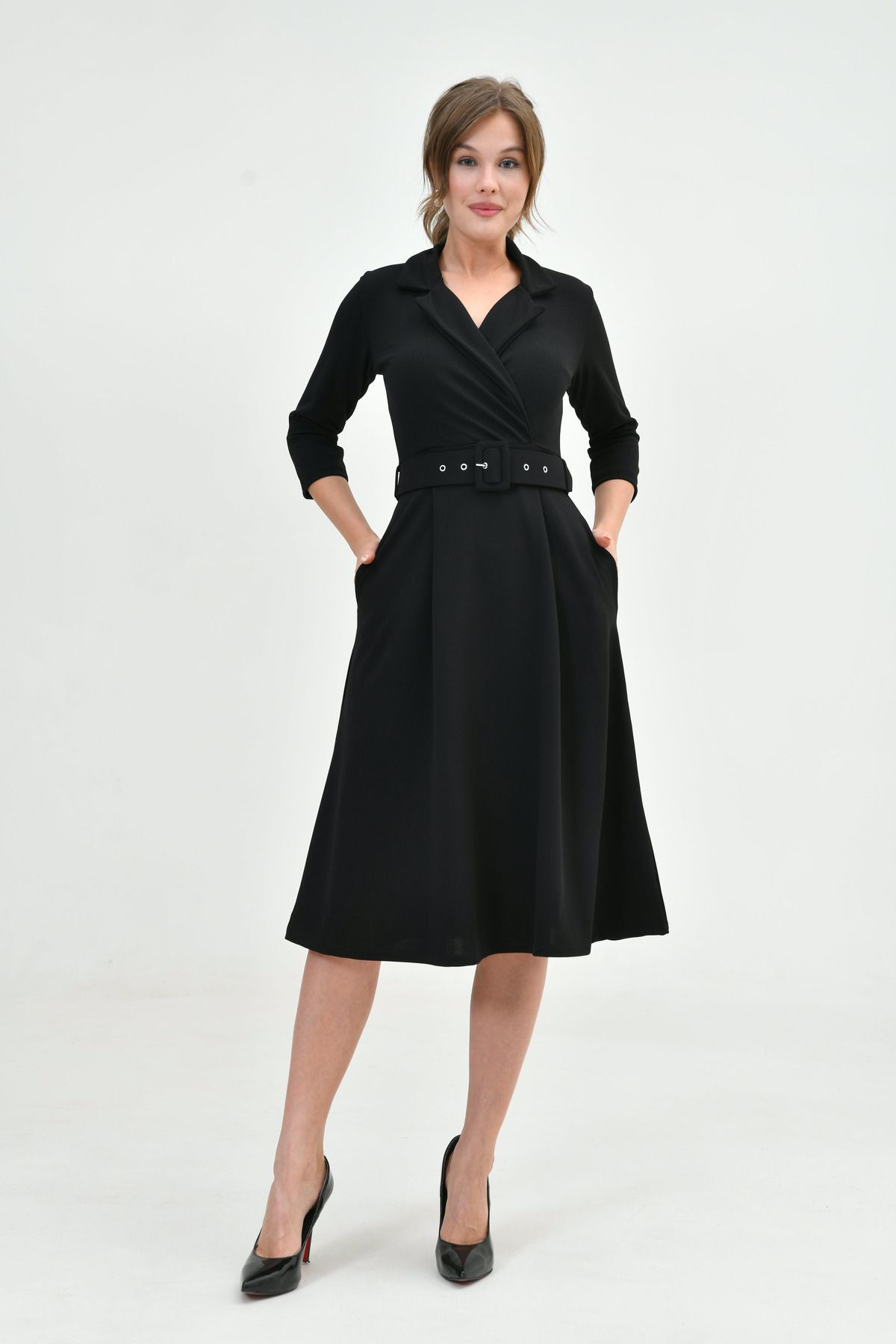 4S1B FASHION-Black Midi Evening Dress - Double Breasted Jacket Neckline, 3/4 Sleeve, Flared Fit, Belt Detail 020 5