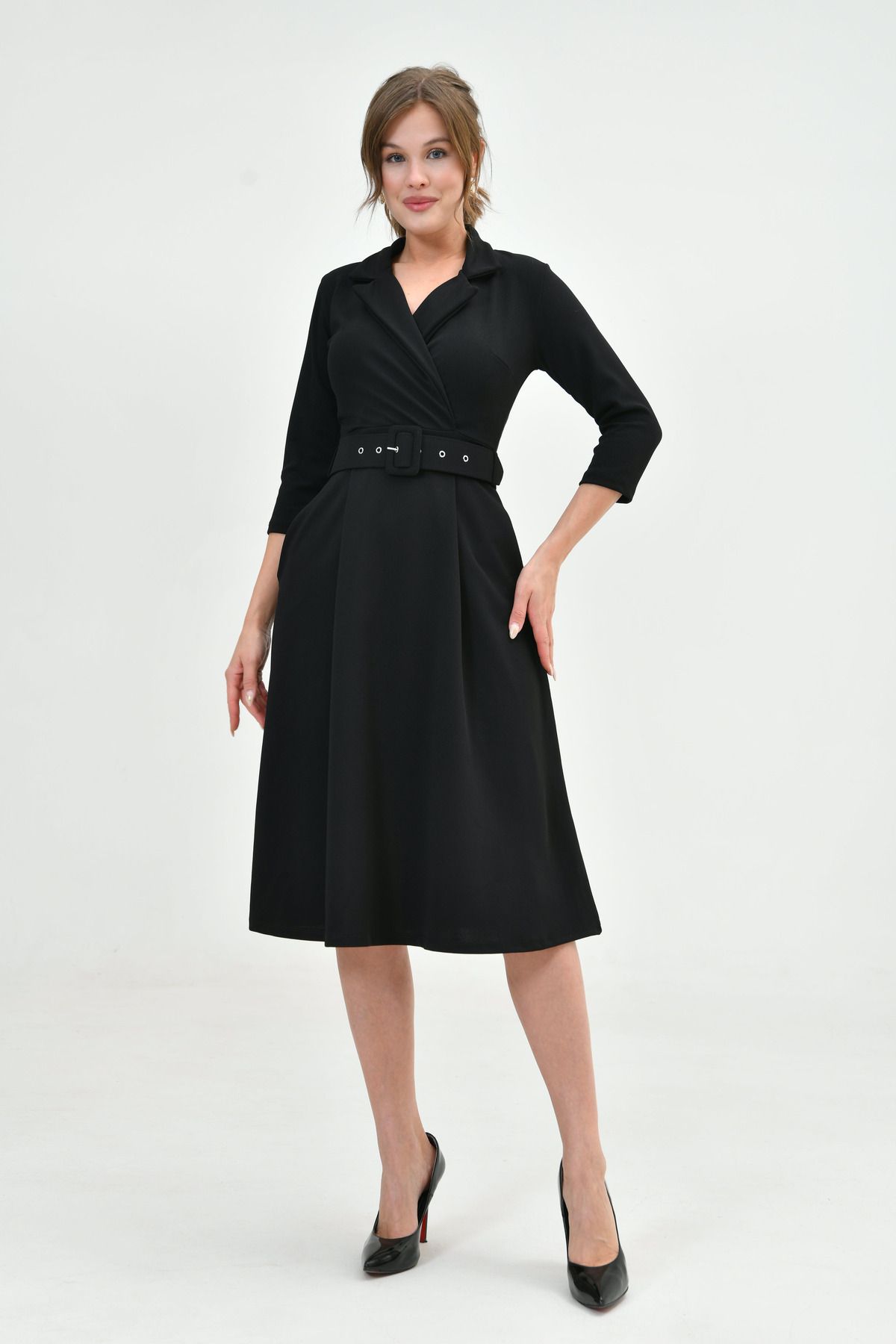 4S1B FASHION-Black Midi Evening Dress - Double Breasted Jacket Neckline, 3/4 Sleeve, Flared Fit, Belt Detail 020 1