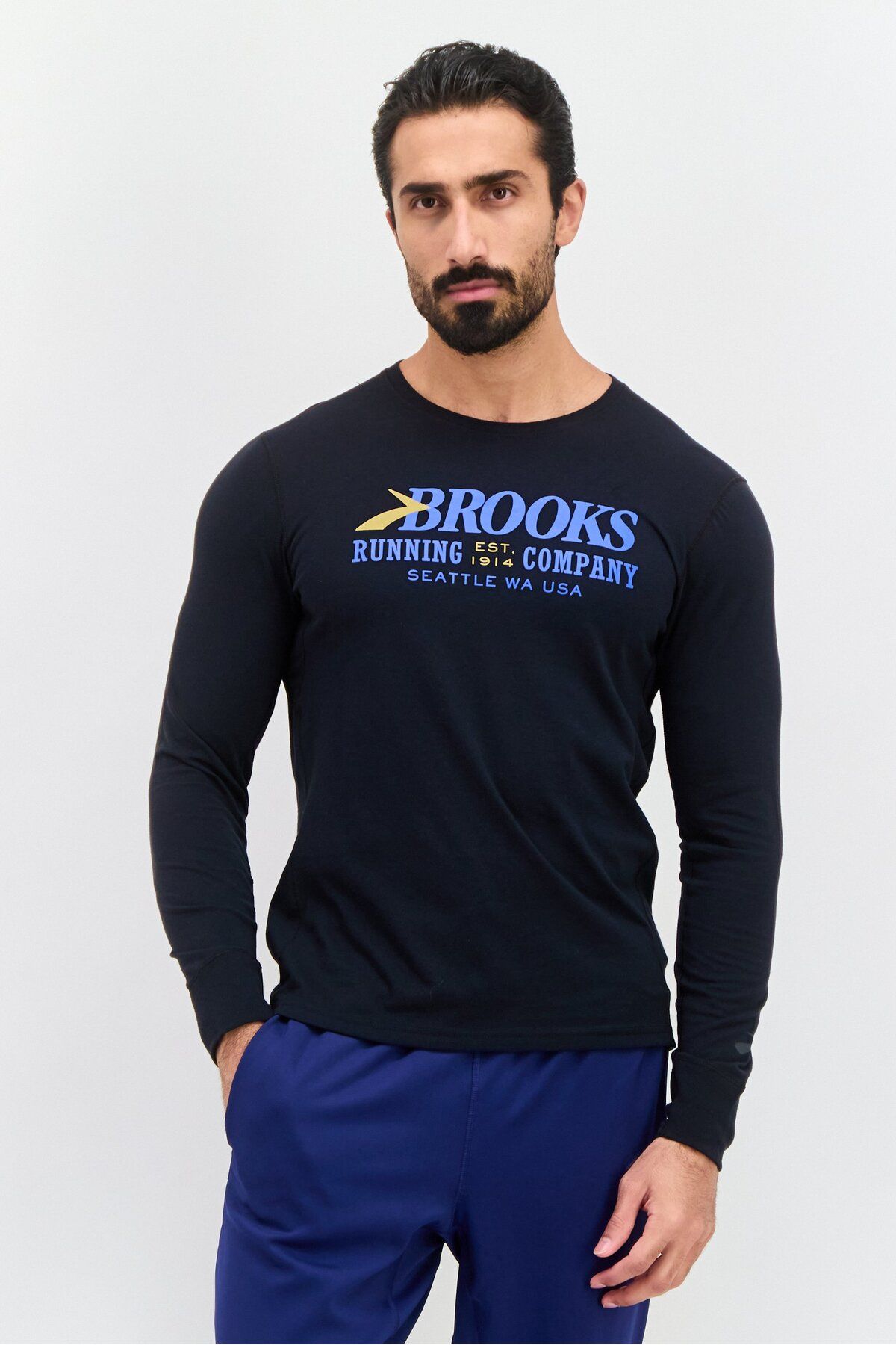 Brooks-تي شيرت رجالي رياضي بأكمام طويلة للجري، أسود 1