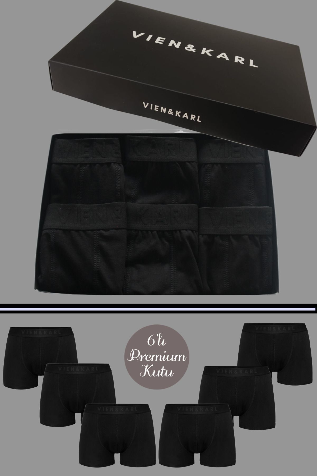 Vien&Karl-Men's Black Box of 6 Plain Lycra Boxer Shorts 3