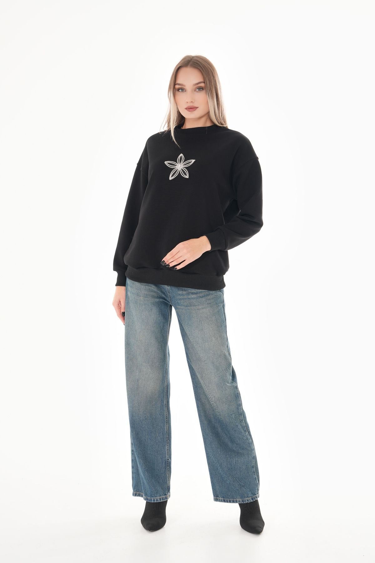 Pulli Collection-Black Sweatshirt with Stone Flower Detail 3