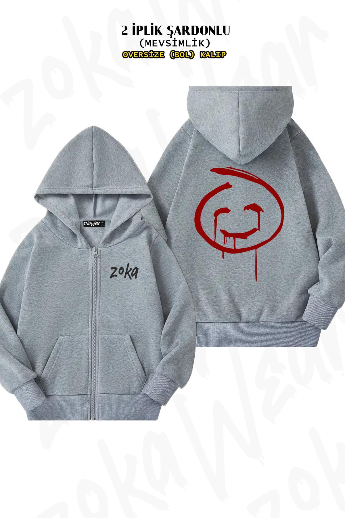 ZOKAWEAR Oversize Red John The Mentalist Sırt Baskılı Fermuarlı Kapşonlu Gri Hırka (2 İplik)