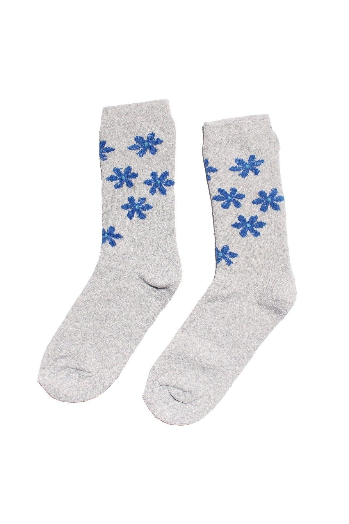 bebegen-Girl's Gray Blue Floral Patterned Fleece Socks 1