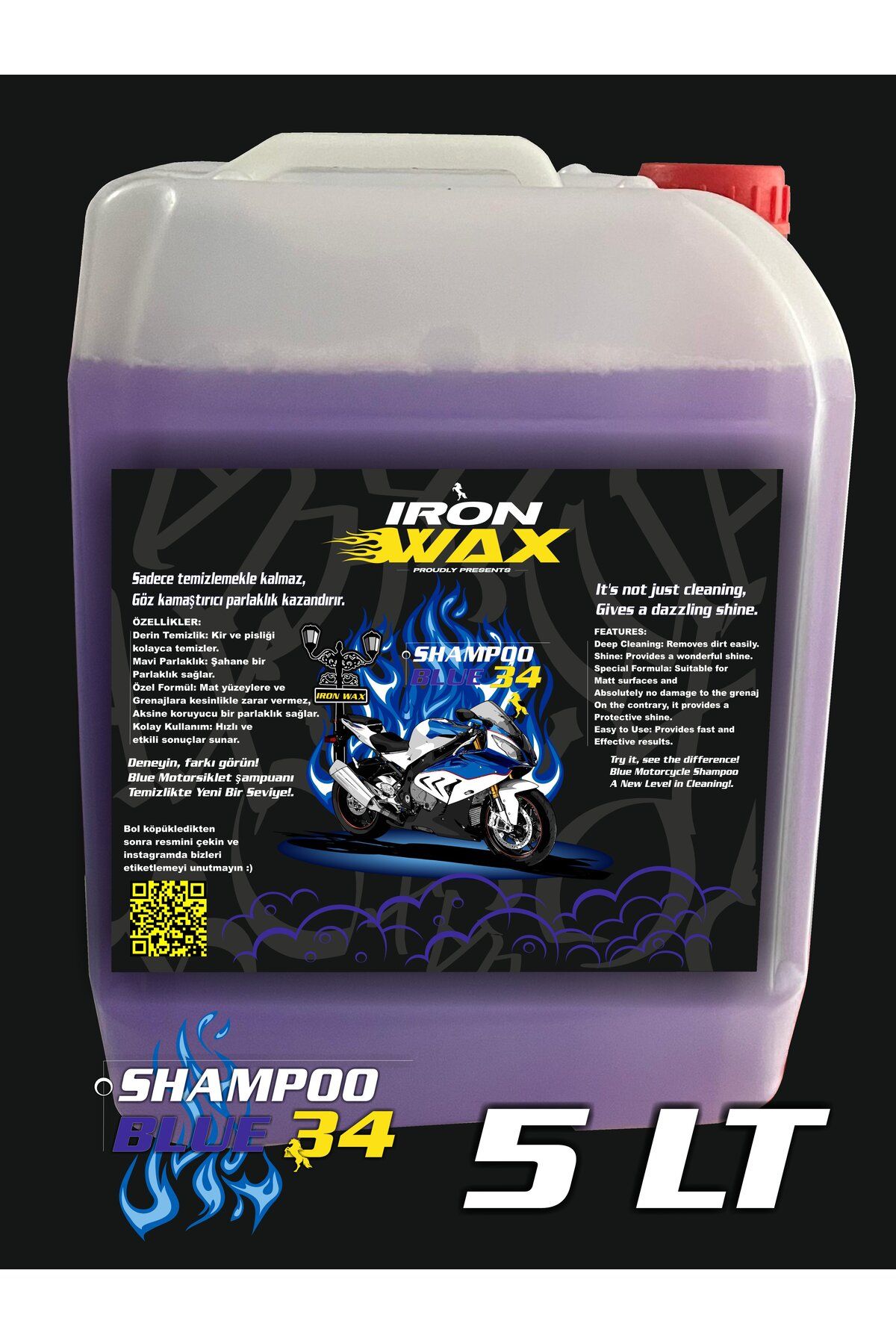 İron Wax Shampoo BLUE 34  Renkli Motorsiklet Köpüğü Konsantre  5 Litre + Detailing Fırçası HEDİYE