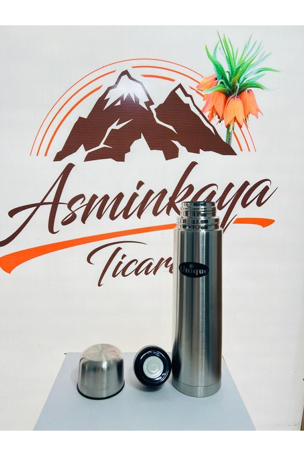 Deri çantalı bardaklı 1 litre gri paslanmaz çelik termos