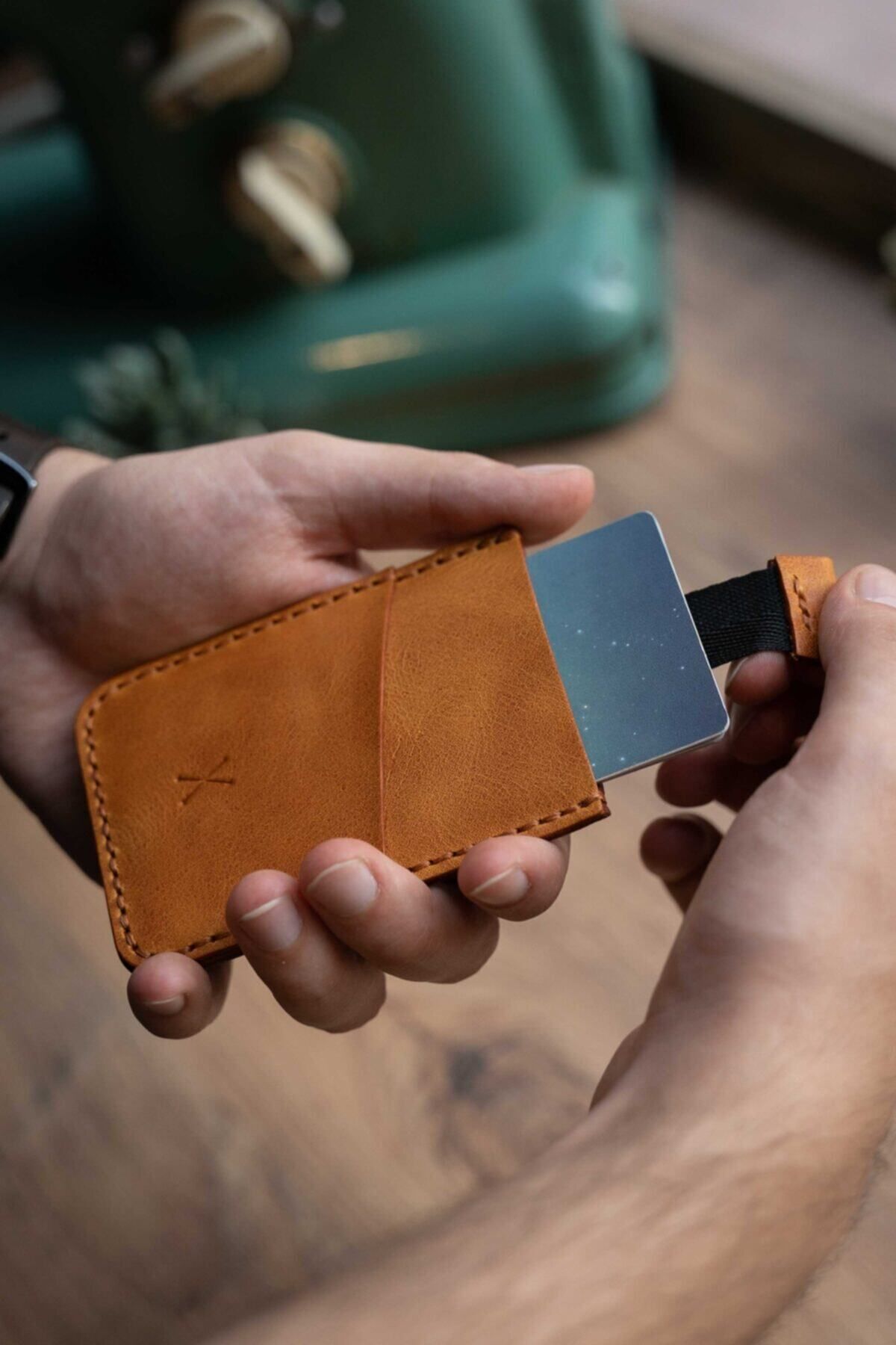 minimal X design-Minimal X V2 - Camel Color Mechanism Card Holder, Real Leather & Handmade - Practical Design 1