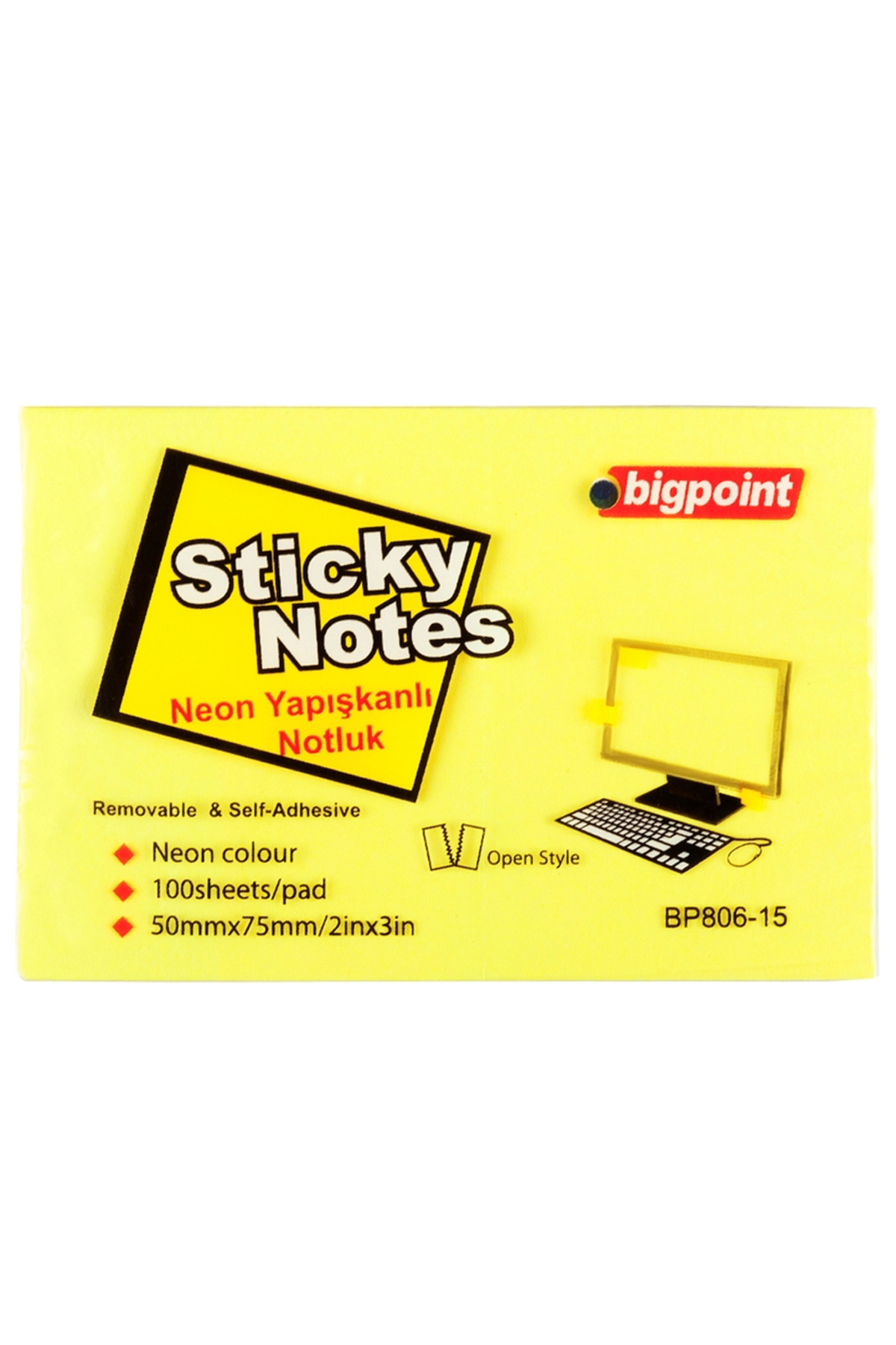 Bigpoint-ورق ملاحظات أصفر نيون 75x50 - لاصق، Bp806-15 1