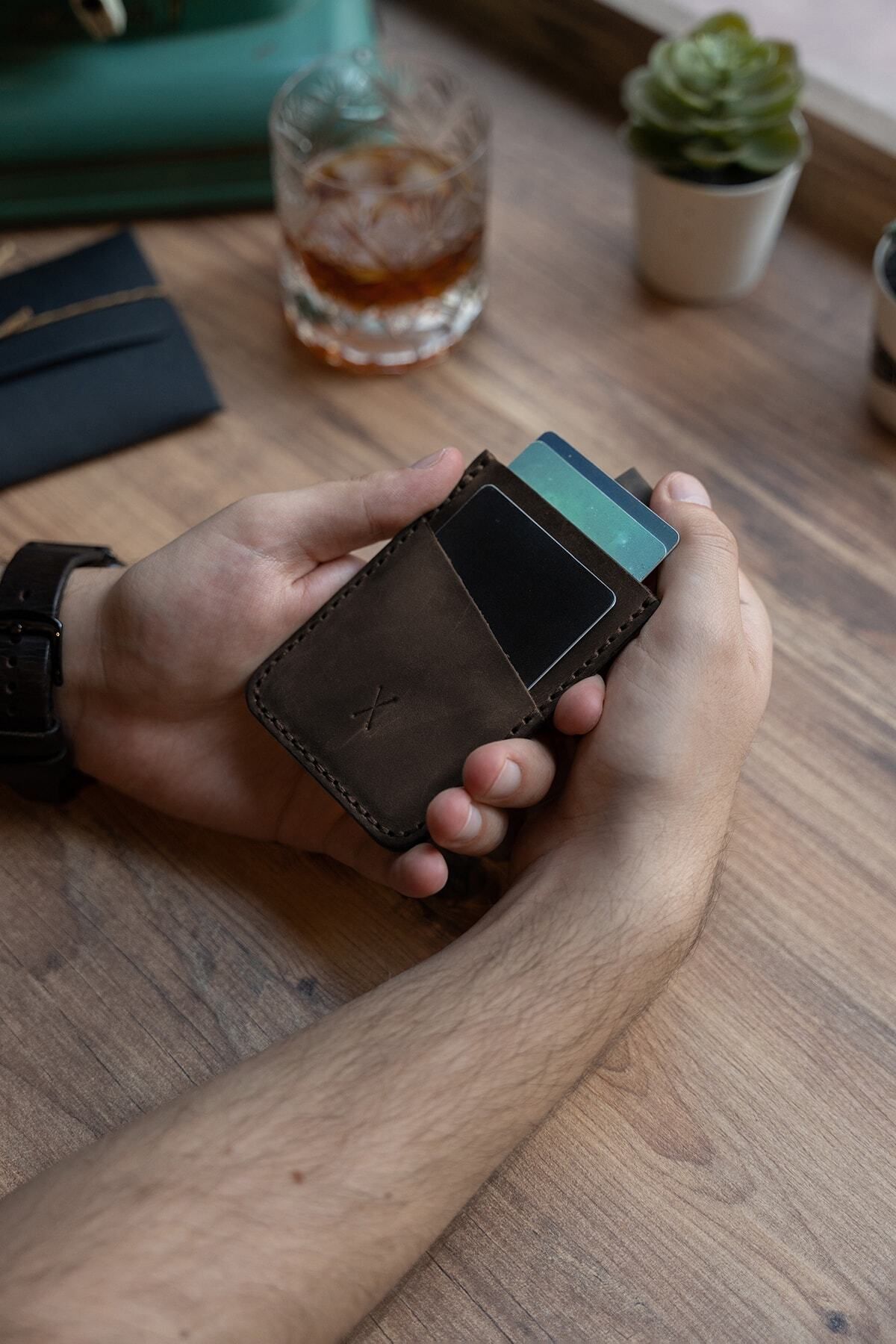 minimal X design-Minimal X V2 Mechanism Card Holder - Chestnut - Real Leather Handmade - Practical Easy Sturdy Design 5