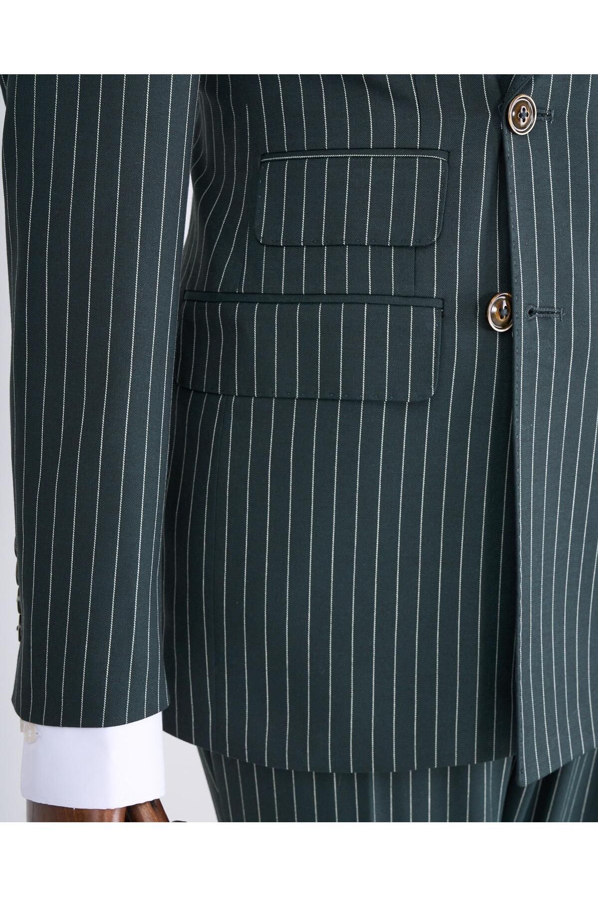 TerziAdemAltun-Green Slim Fit Striped Double Breasted Jacket and Pants Set - T13062 5