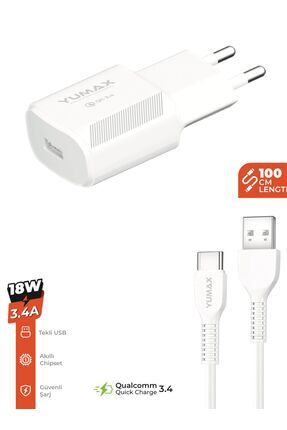 yumax 18W Type-C Hızlı Şarj Adaptörü + 100cm Type-C Kablo | 3.4A Quick Charge...
