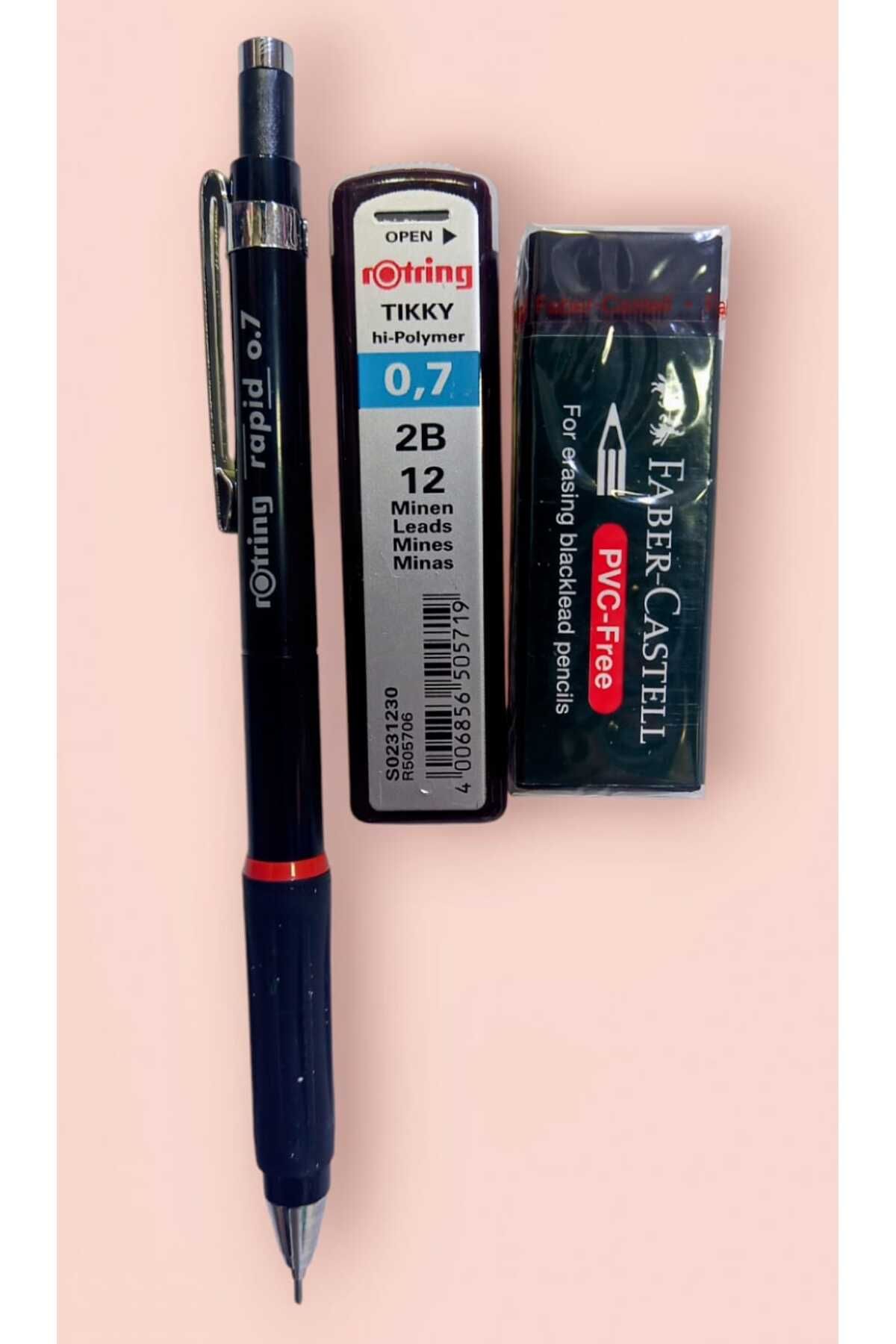 izmir yazici servis-School Set 3 Lü Set Rotring Rapid 0,7 Pencil Rotring 0.7 Nib Black Eraser 3