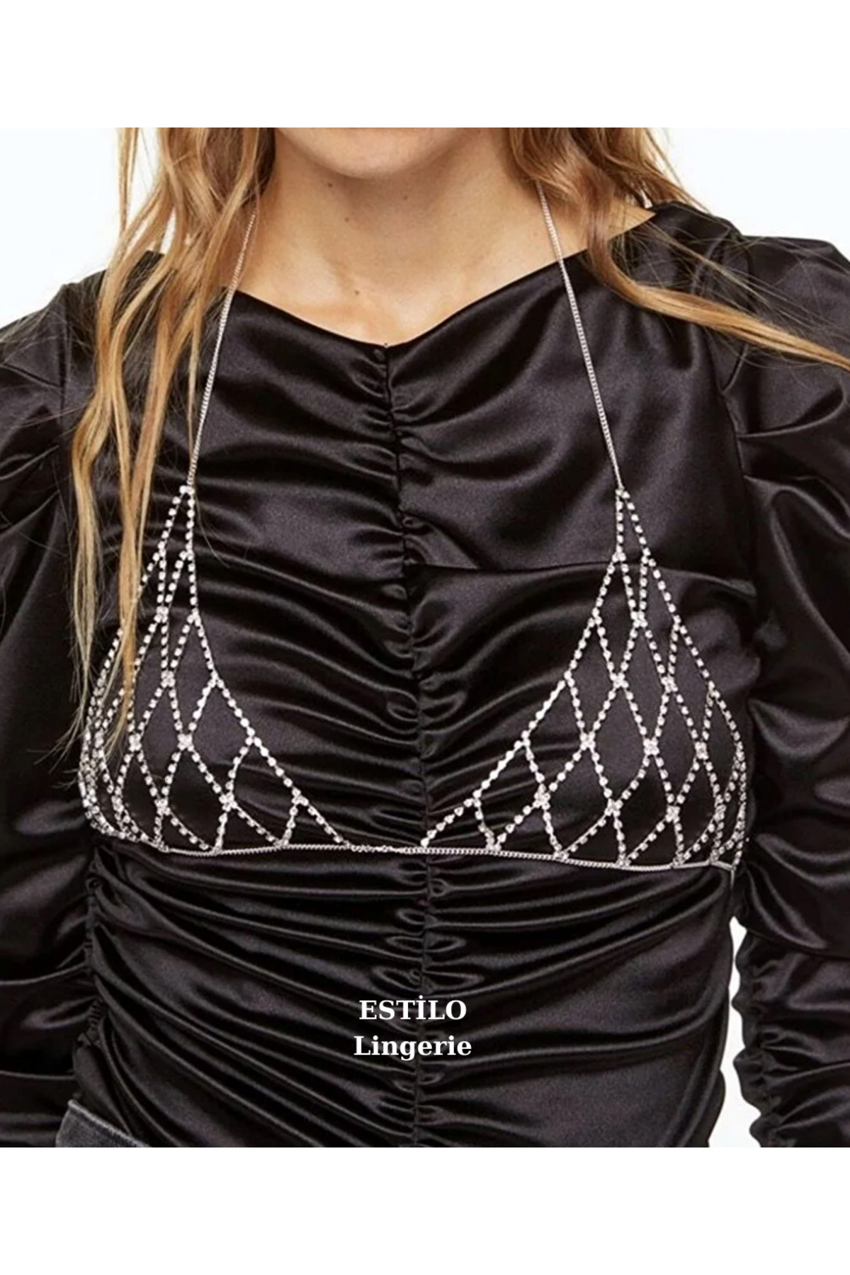 Parlak Zirkon Taşlı Crop Taşlı Bralet Taşlı Elbise Aksesuarı Şık Tasarım Vücut Aksesuarı