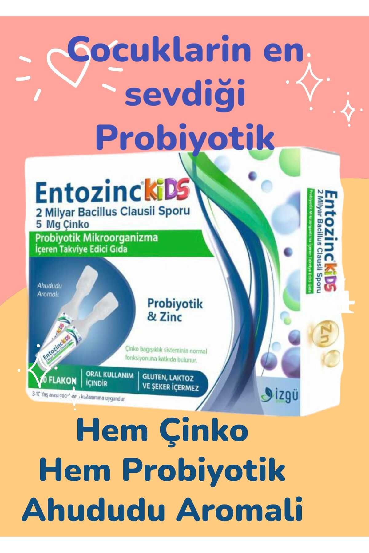 ENTOZİNC Kids 10 Flakon Hem Probiyotik Hem Çinko Içeren Ahududu Aromalı Tek Sıvı Probiyotik