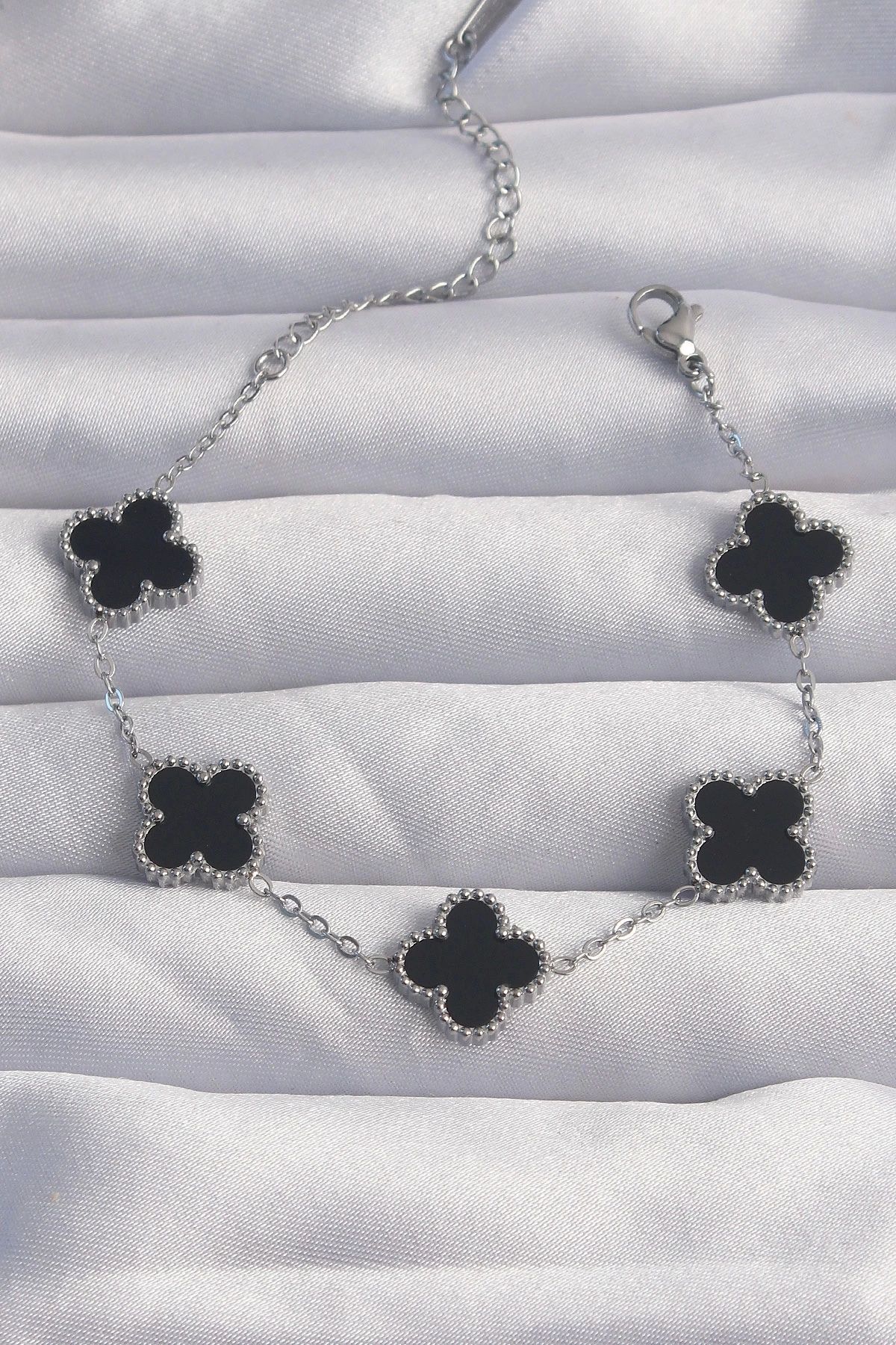 Clariss-316L Steel Silver Color Black Enamel Clover Bracelet 1