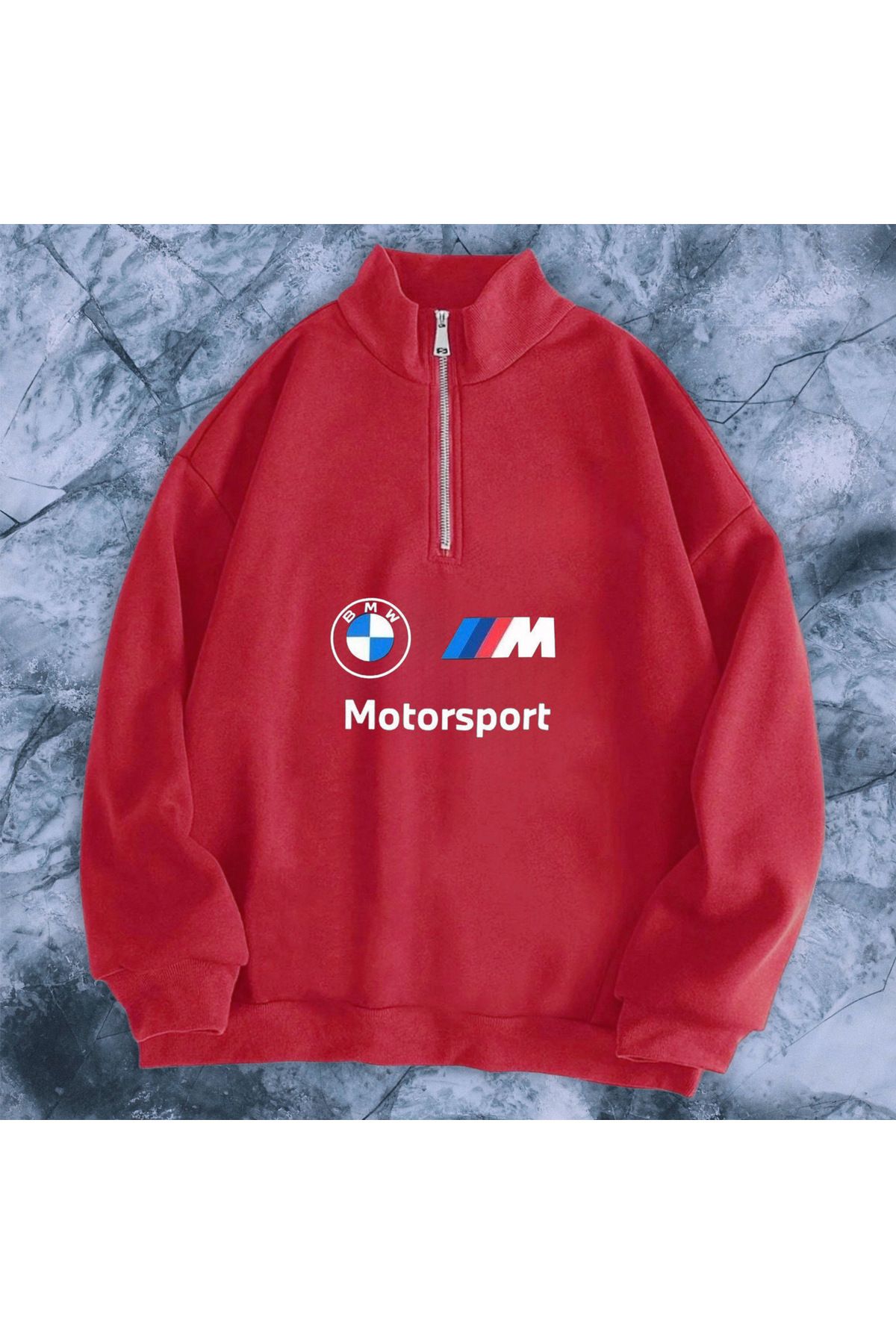 NEW TRENDY COLLECTİON Dik yaka yarım fermuarlı içi polarlı mevsimlik BMWmotorsport büyük  baskılı