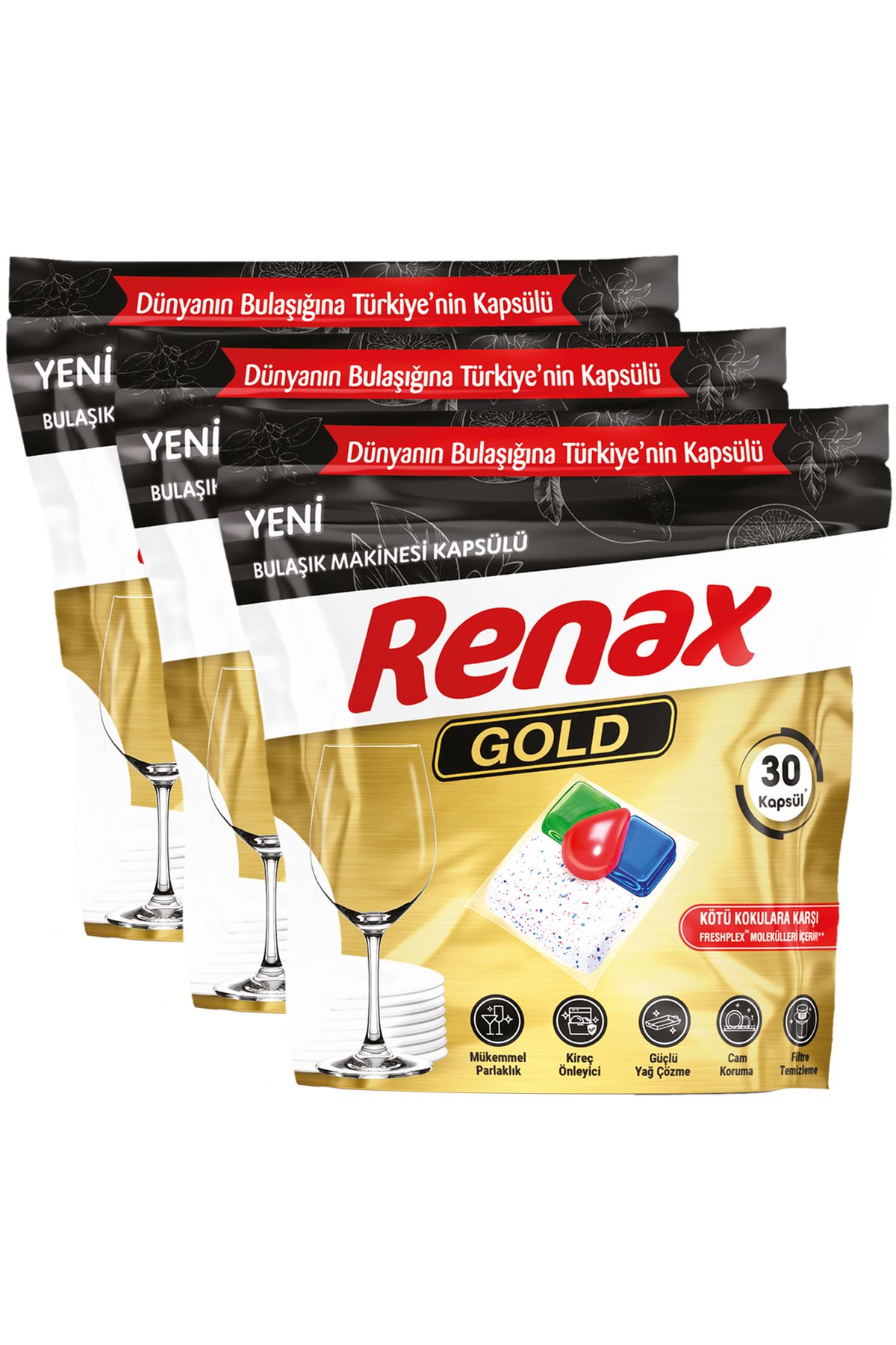 RENAX Gold Bulaşık Makinesi Kapsülü Hepsi Bir Arada 30 x 3 Paket 90 lı