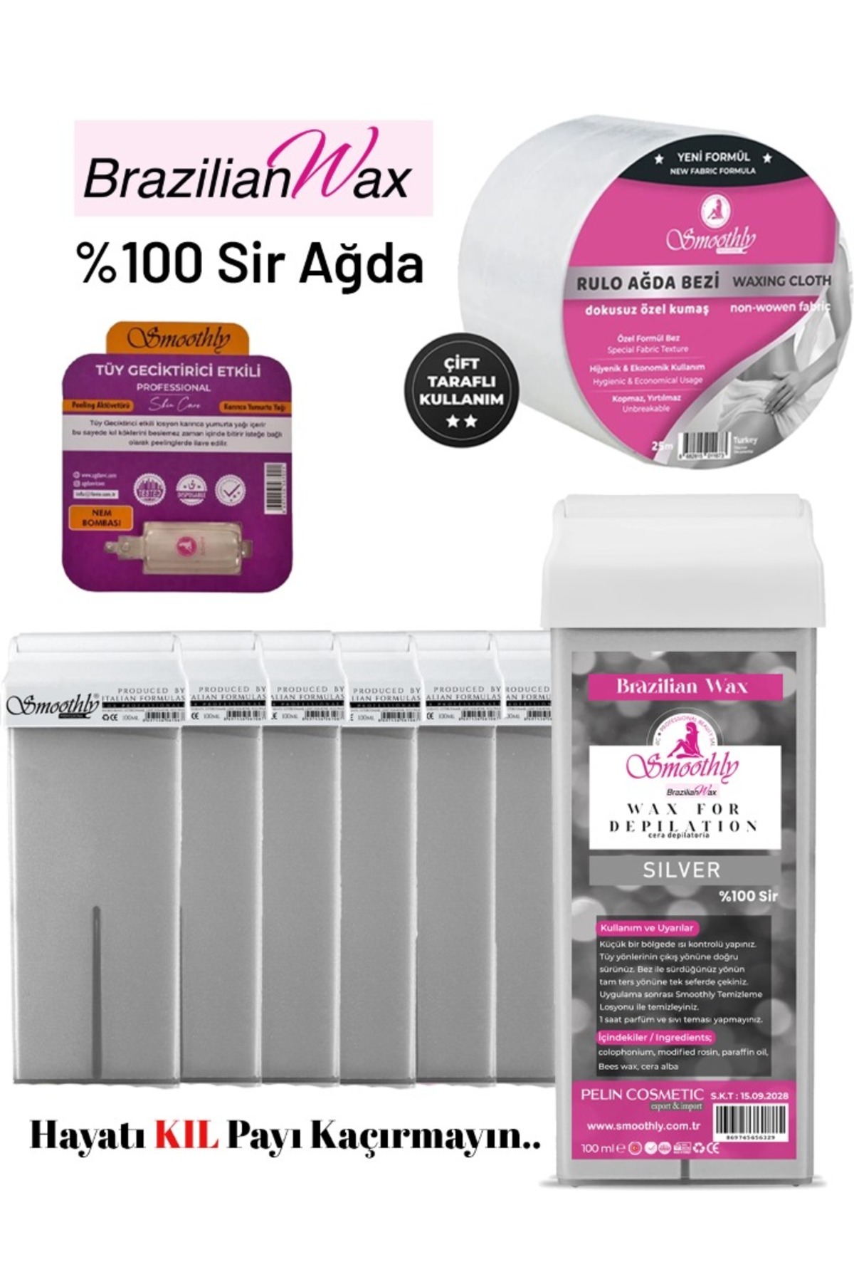 Smoothly 6 adet SİLVER Brazılıan Rool on kartuş ağda 25 mt sir ağda bezi 1 ad.tüy azaltıcı losyon