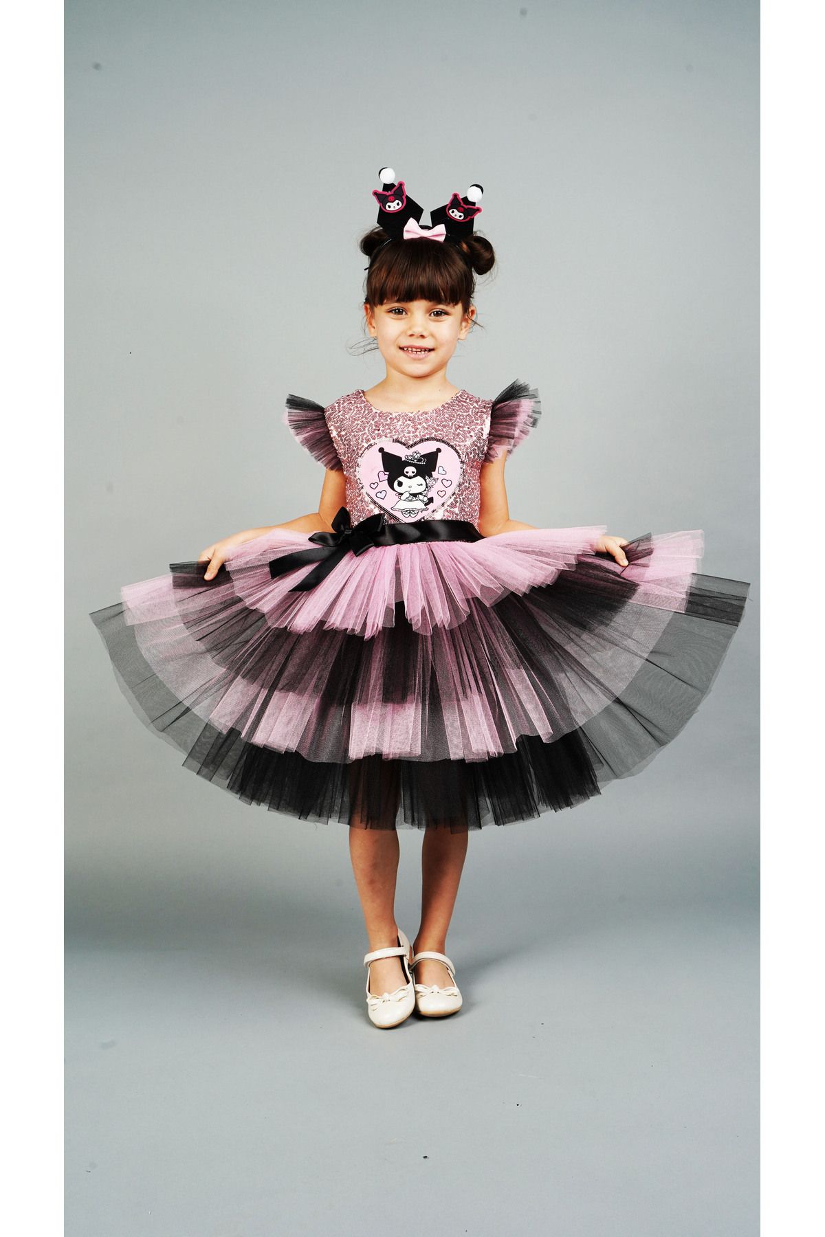 Delfini kids-Pink Kuromi̇ Sequin Birthday Princess Costume and Gown with Crown Accessories 4