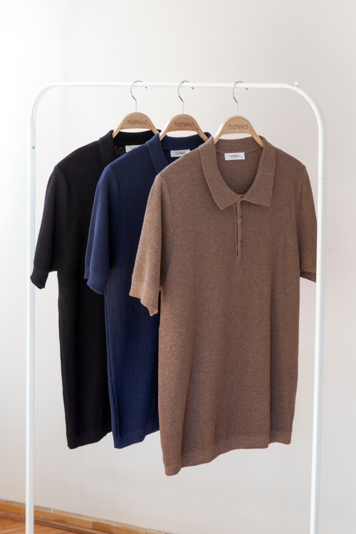 hateko-100% Cotton Waffle Knit Polo Collar Knitwear T-Shirt 8