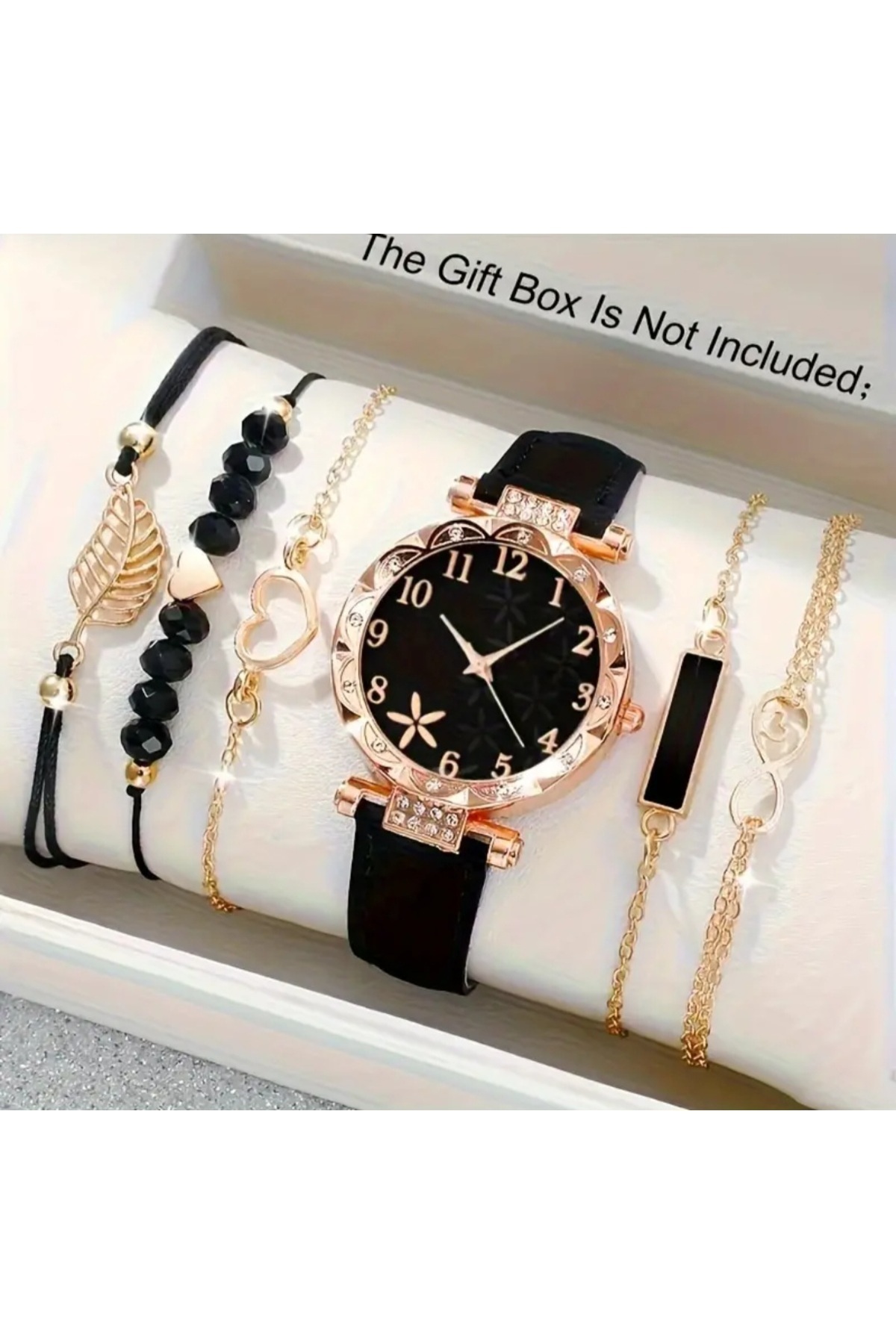 stainless steell suni deri kayışlı çiçek desenli saat 6 parça bileklik set