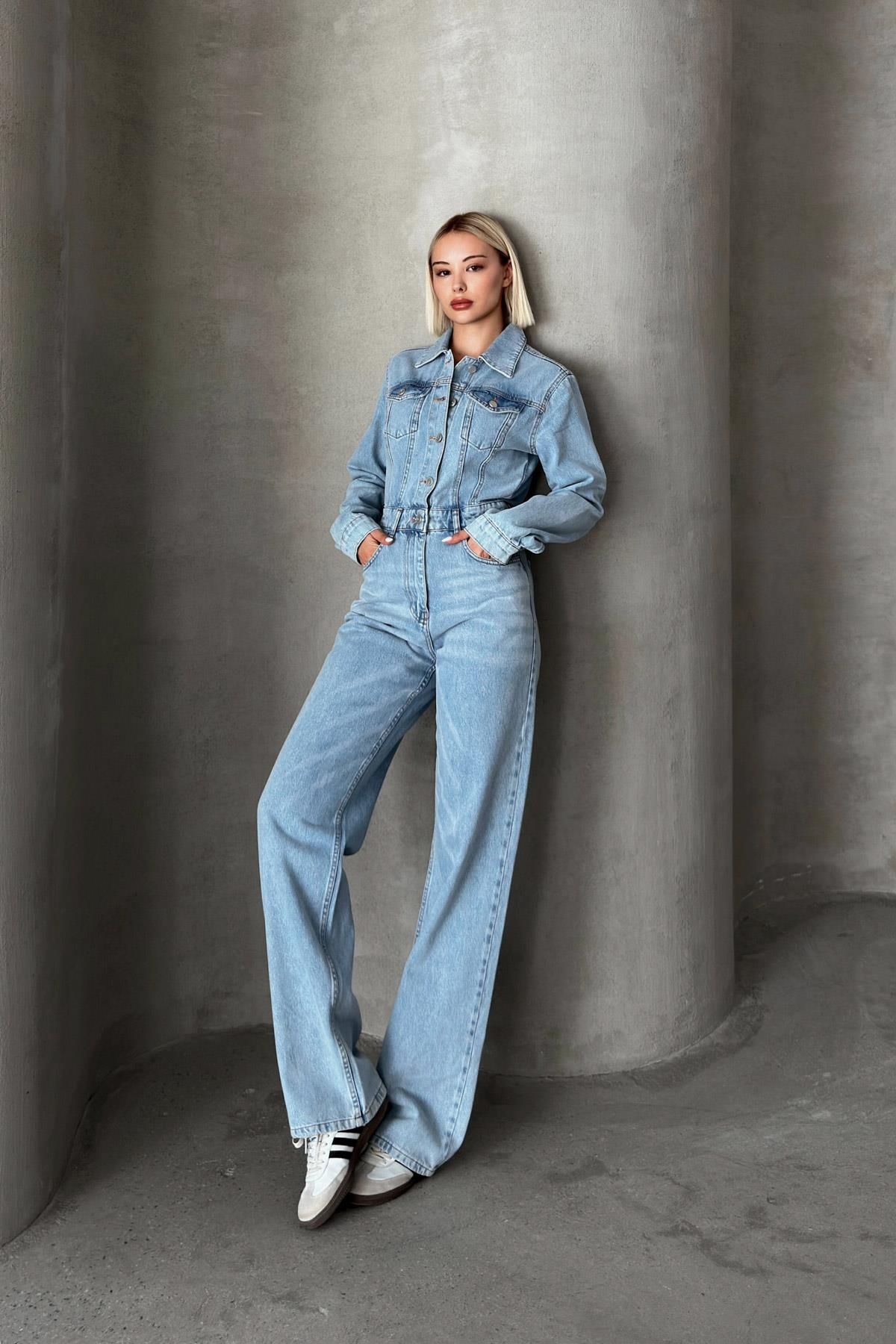 Olcay-Light Blue Denim Overalls - Shirt Collar, Buttoned - 9248 3