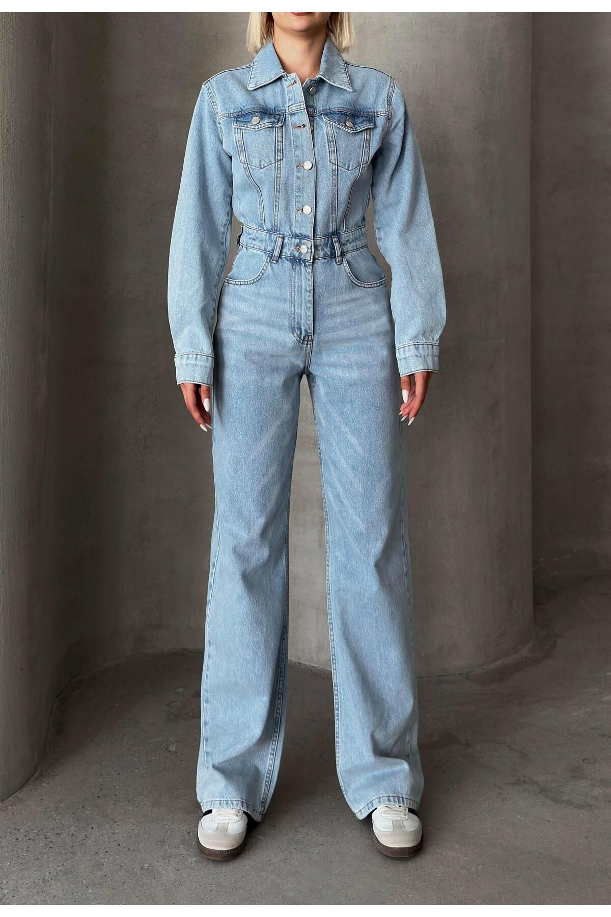 Olcay-Light Blue Denim Overalls - Shirt Collar, Buttoned - 9248 4